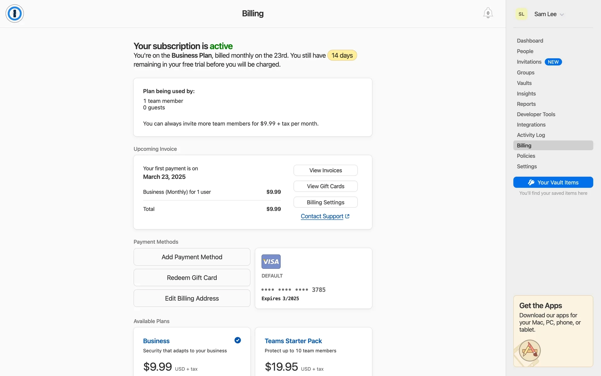 The 1Password web app showing "Your subscription is active" for the Business Plan at $9.99/mo with a 14-day free trial banner, View Invoices and Billing Settings buttons in the Upcoming Invoice card, and Billing highlighted in the right sidebar