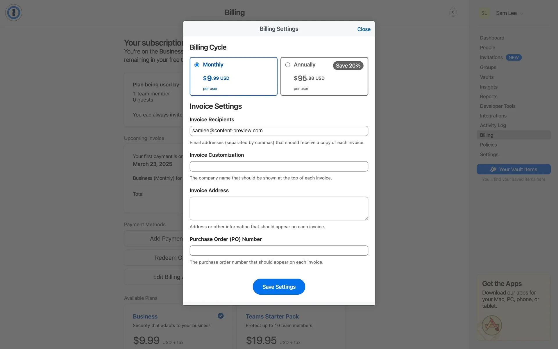 Billing Settings modal showing Billing Cycle with Monthly selected at $9.99/user and Annually at $95.88/user with a Save 20% pill, Invoice Settings with Invoice Recipients email field, Invoice Customization, Invoice Address, and Purchase Order Number fields, plus a blue Save Settings button at the bottom