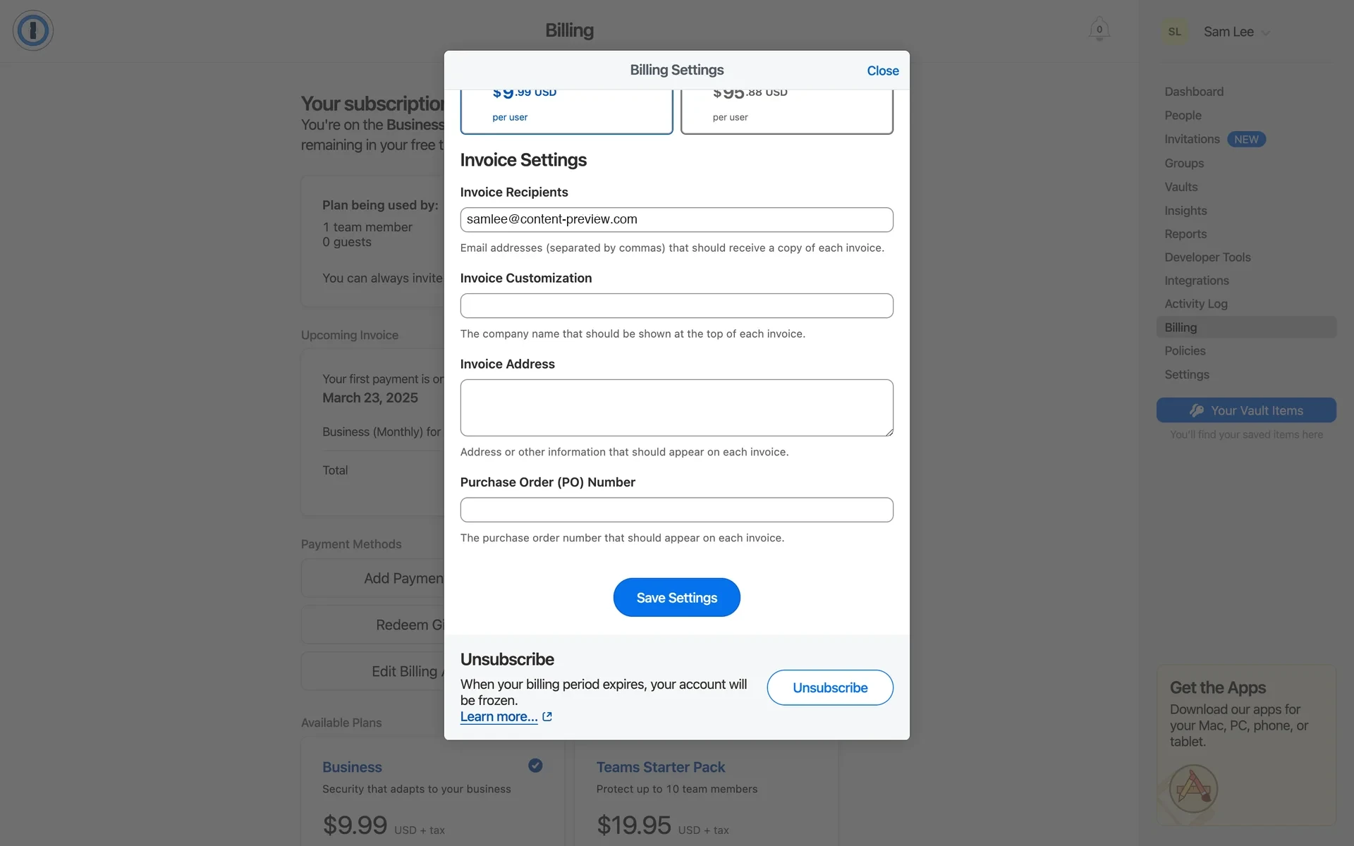 Billing Settings modal scrolled to reveal the Unsubscribe section below the Save Settings button, with text reading "When your billing period expires, your account will be frozen" and a Learn more link, plus an outlined Unsubscribe button on the right