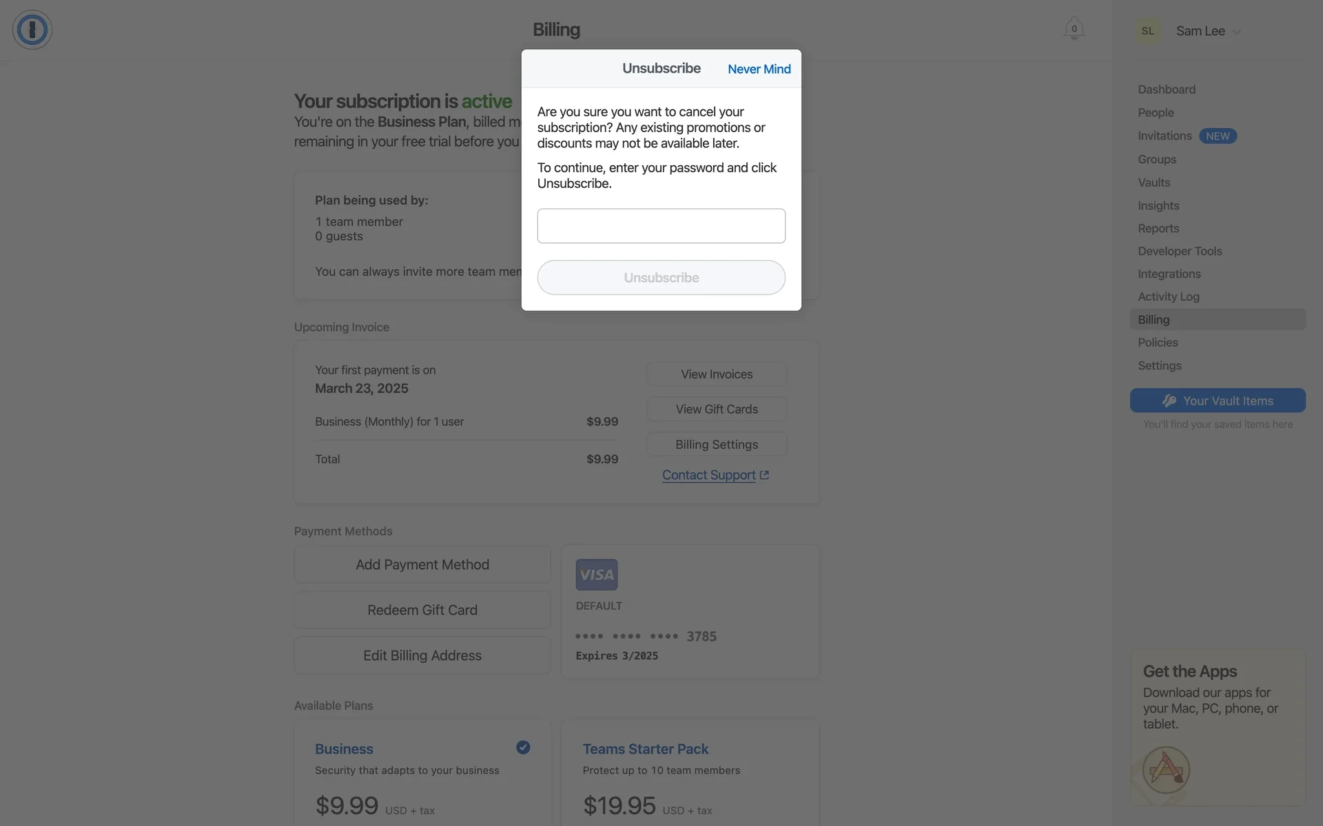 Unsubscribe confirmation modal asking "Are you sure you want to cancel your subscription? Any existing promotions or discounts may not be available later." with an empty password field and a disabled grey Unsubscribe button below