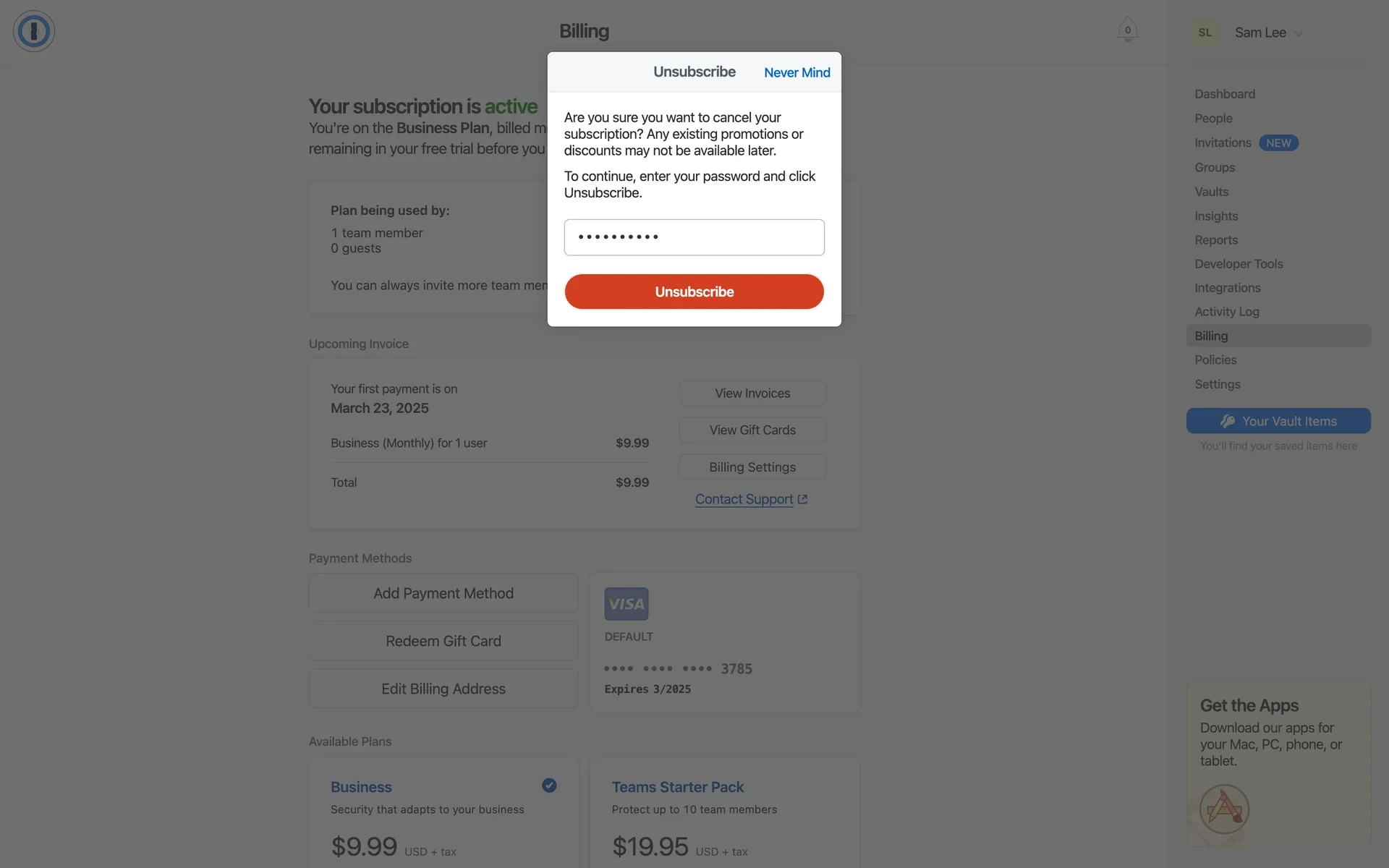 Same confirmation modal with a filled password field (shown as dots) and the Unsubscribe button now active in solid orange