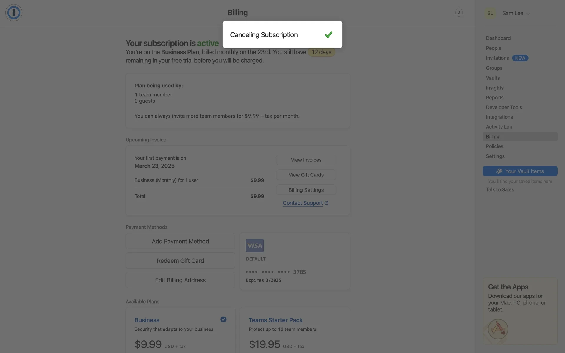 A confirmation modal displaying the heading "Canceling Subscription" with a green checkmark icon to the right