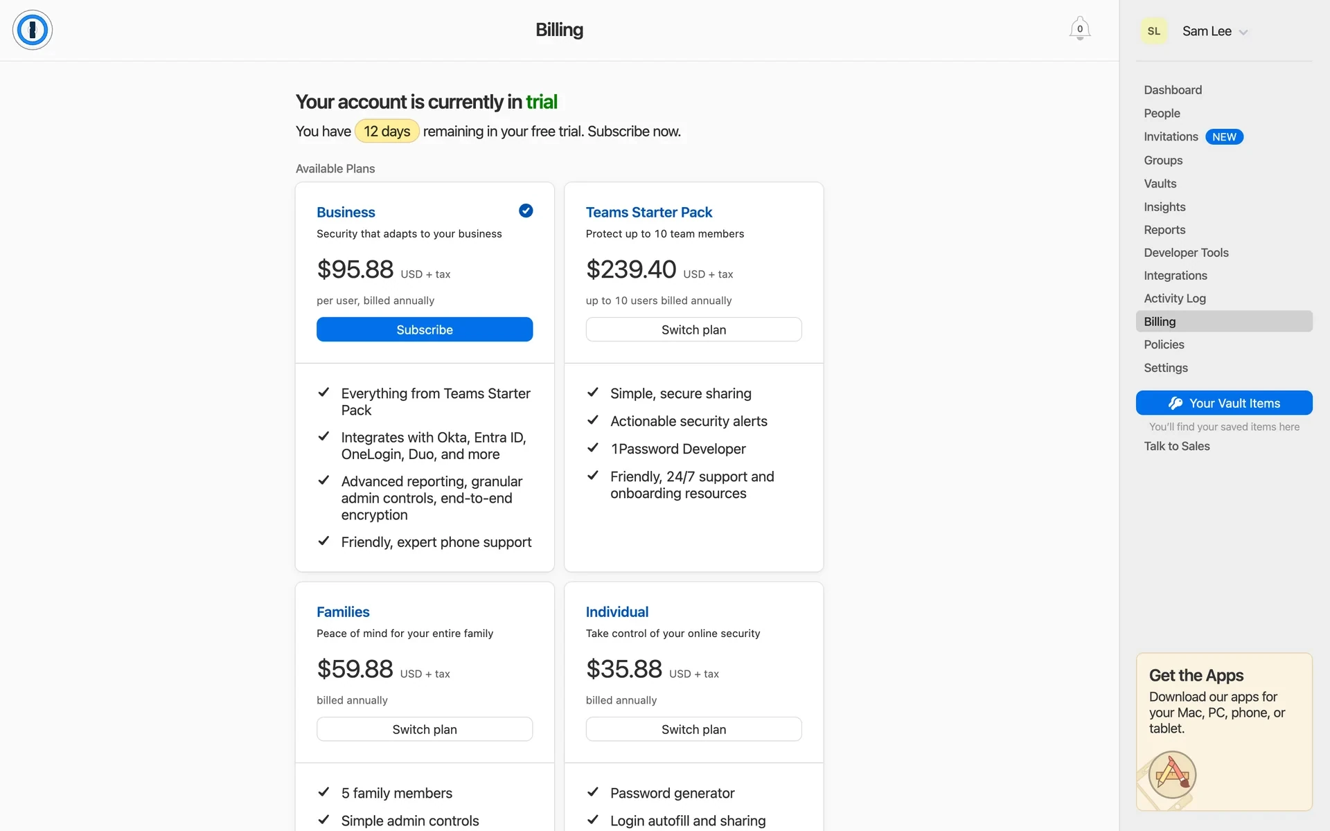 Post-cancellation Billing page reading "Your account is currently in trial. You have 12 days remaining in your free trial. Subscribe now." above an Available Plans grid showing Business with a Subscribe button, Teams Starter Pack with Switch plan, and Families and Individual cards below