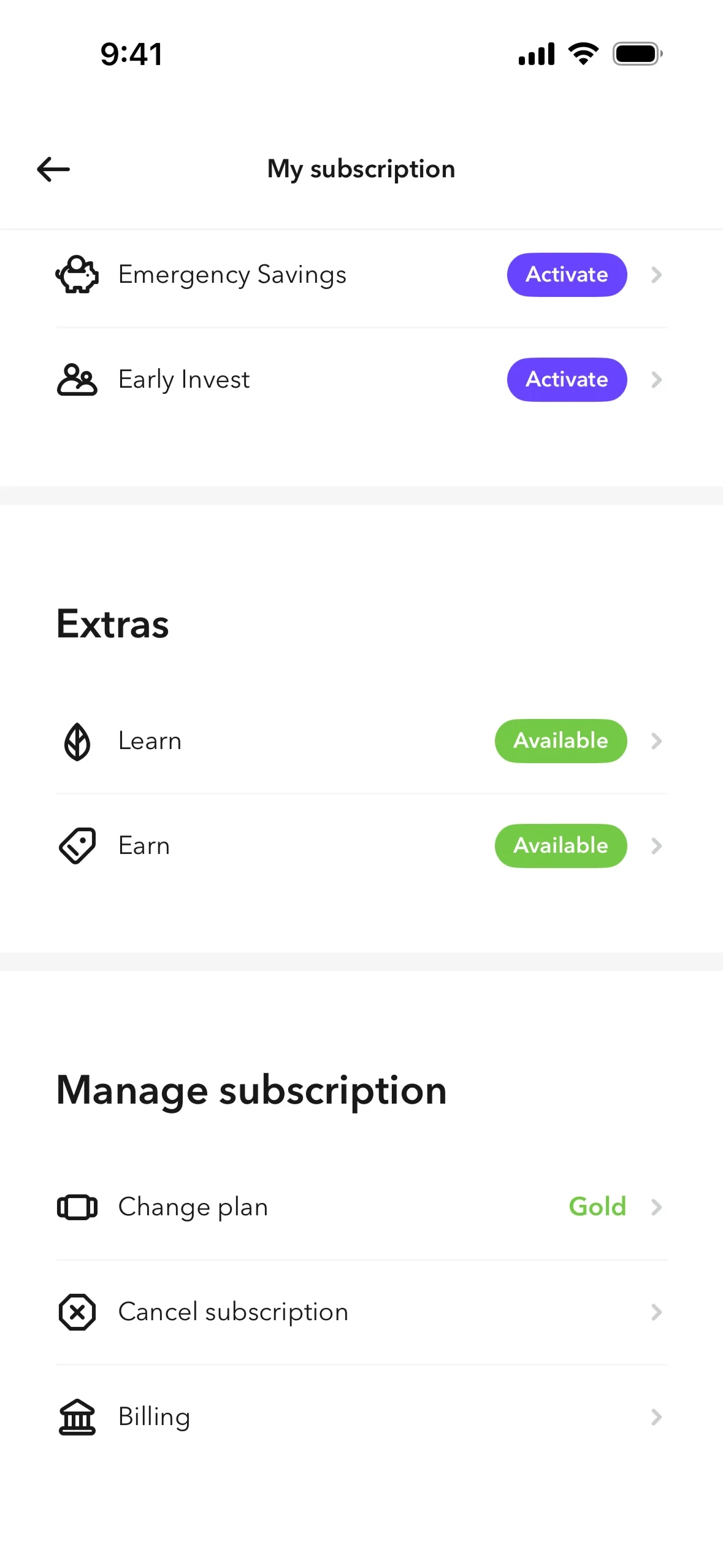 Acorns My subscription screen with the Manage subscription section showing Change plan set to Gold, Cancel subscription, and Billing options