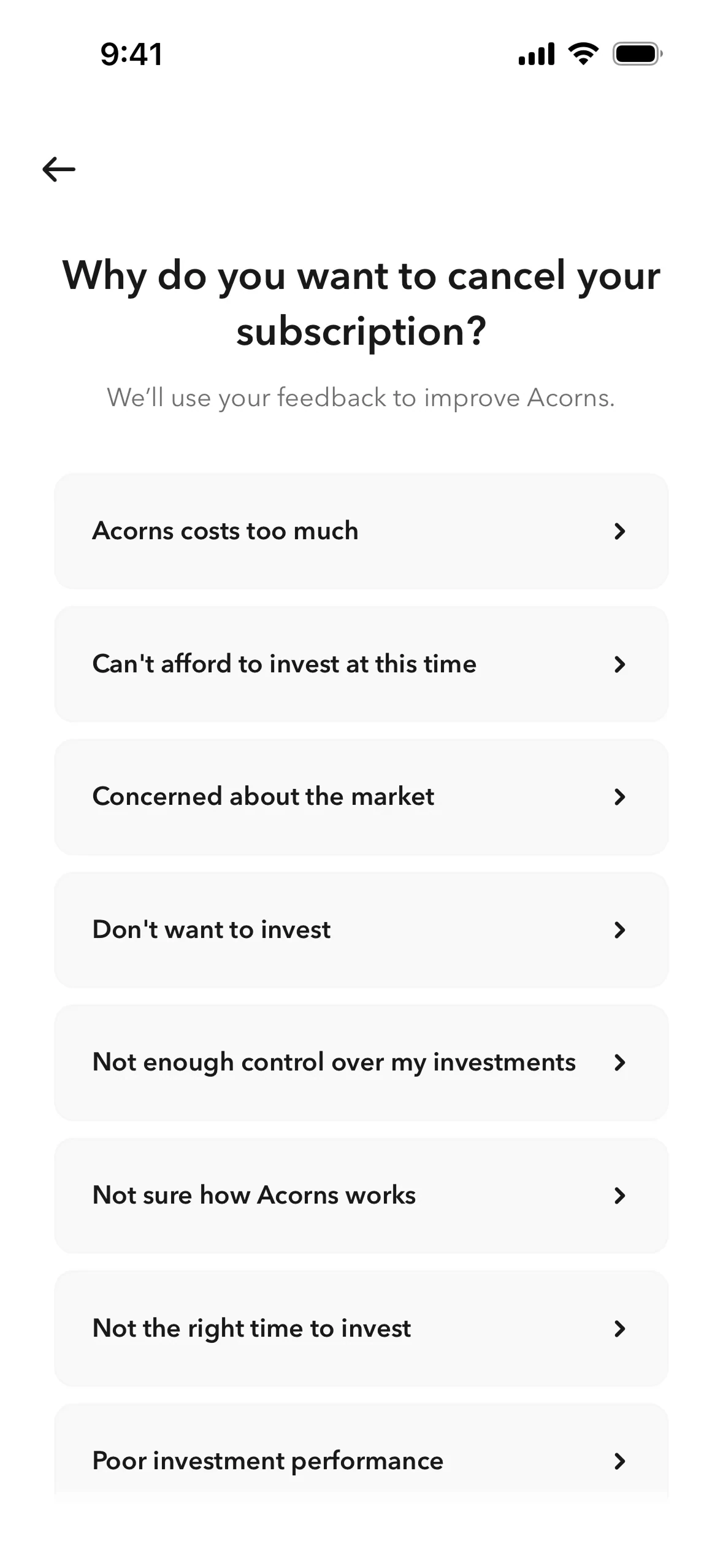 Acorns cancellation survey asking why do you want to cancel your subscription, with reasons including Acorns costs too much, concerned about the market, and poor investment performance