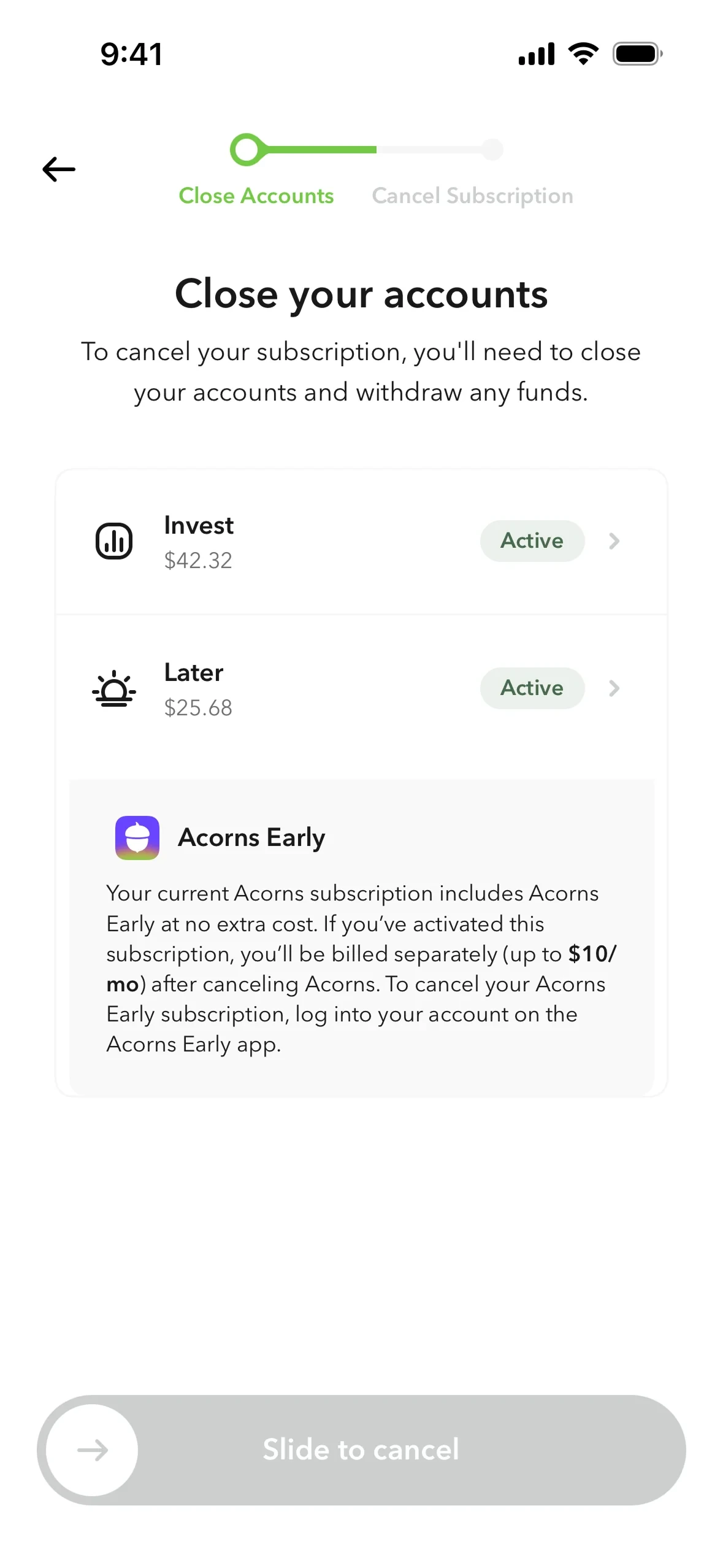 Close your accounts screen listing Invest and Later accounts with balances marked Active, an Acorns Early separate billing notice, and a greyed-out Slide to cancel control