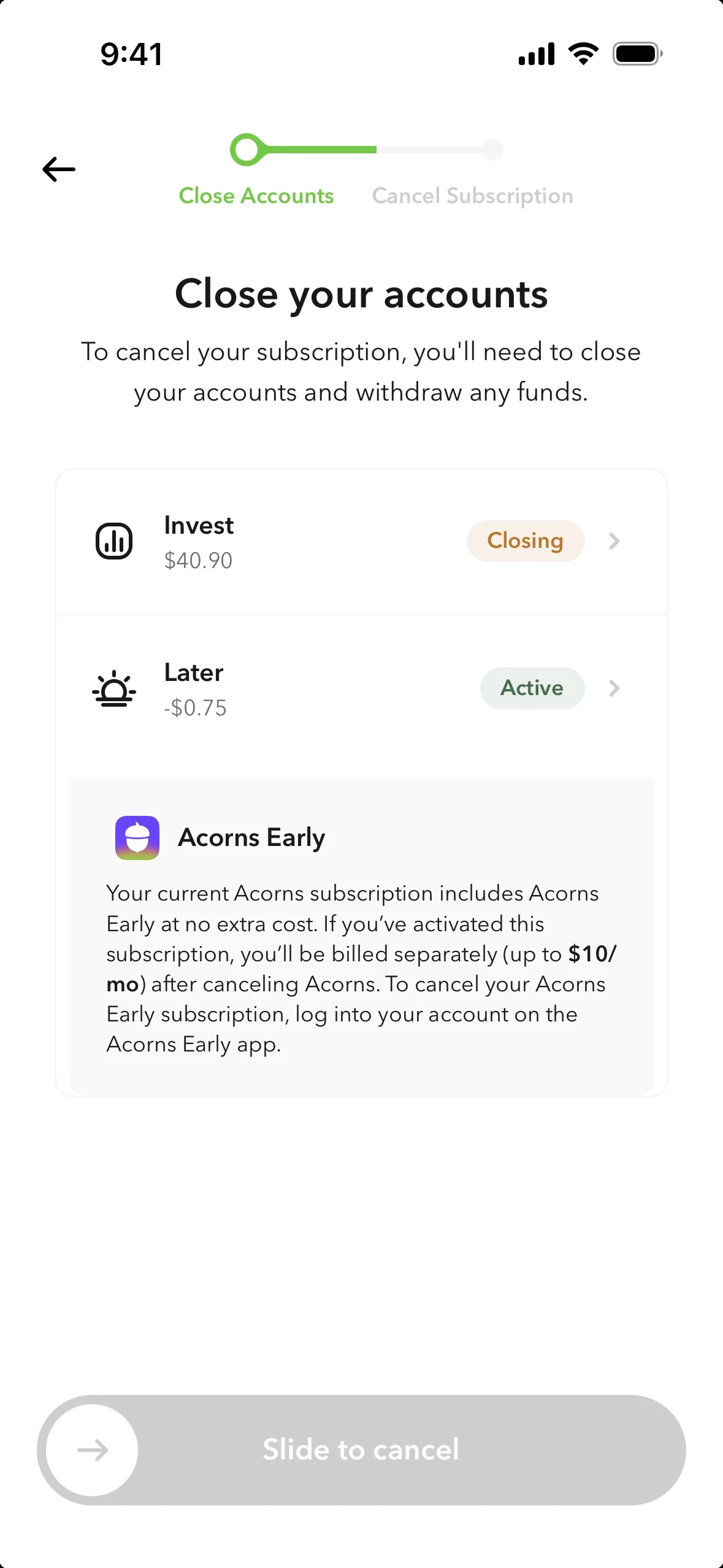 Close your accounts screen with the Invest account now marked Closing and the Slide to cancel control at the bottom