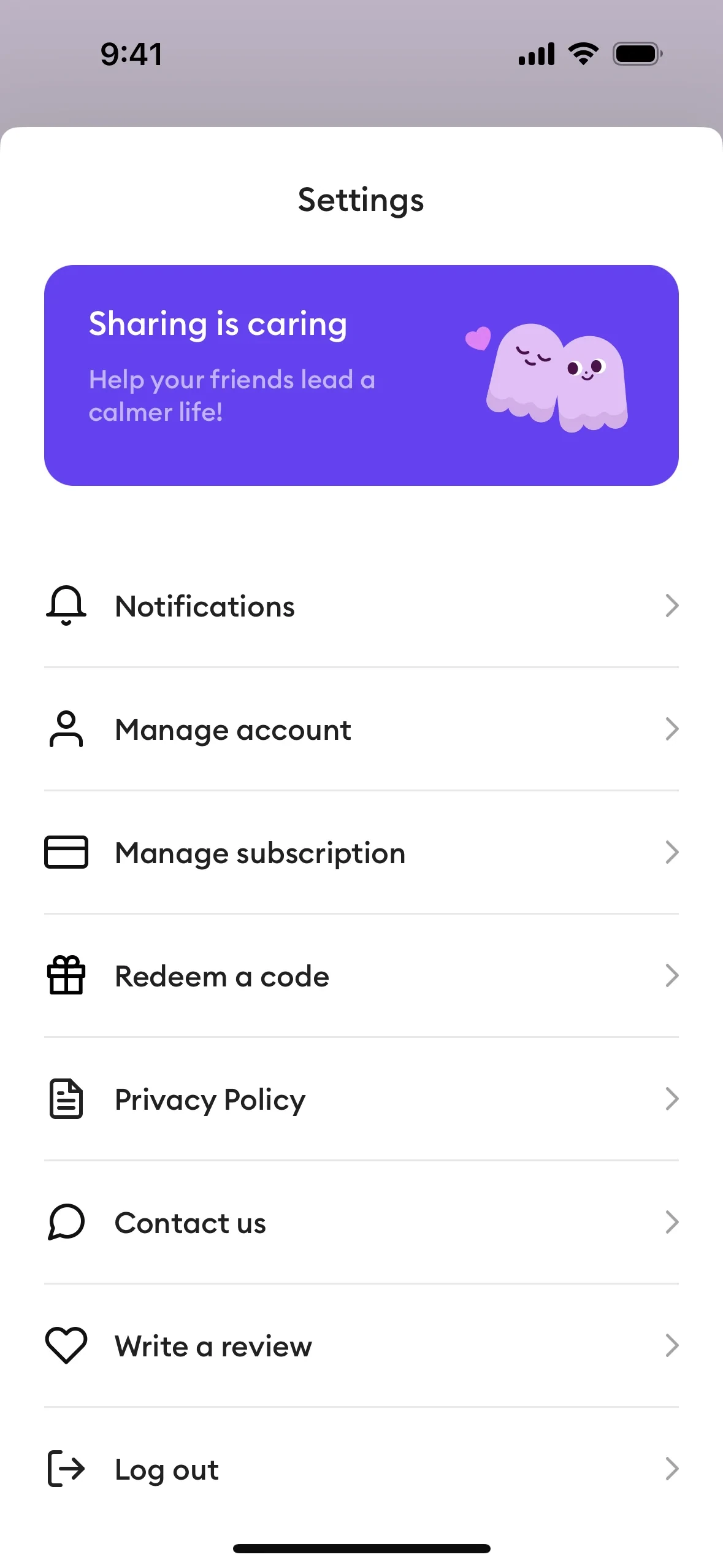 Ahead iOS Settings sheet with a purple Sharing is caring banner and a menu list including Notifications, Manage account, Manage subscription with a credit-card icon, Redeem a code, Privacy Policy, Contact us, Write a review, and Log out