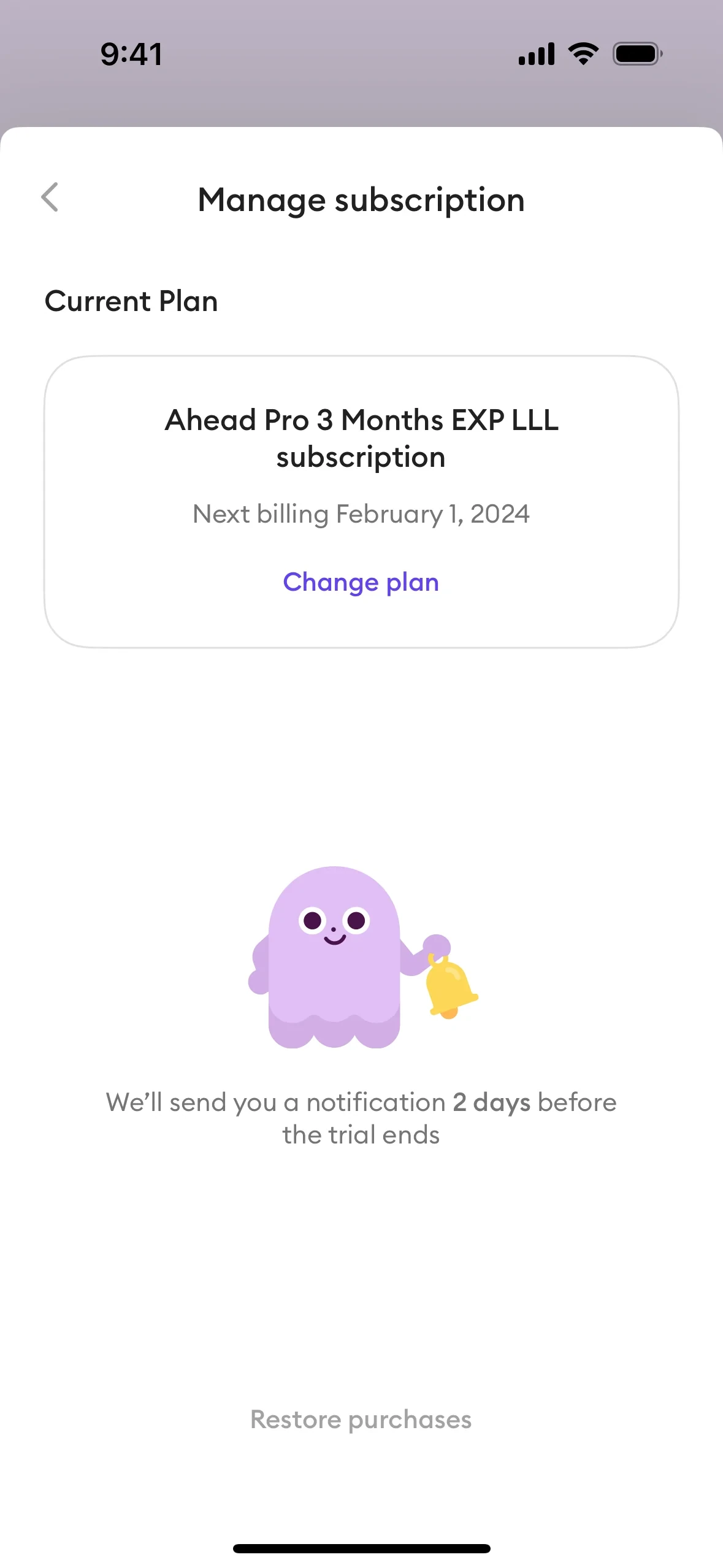 Ahead Manage subscription screen titled Current Plan with an Ahead Pro 3 Months plan card, Next billing date, a purple Change plan link, a ghost illustration, and text saying We will send you a notification 2 days before the trial ends, plus Restore purchases at the bottom