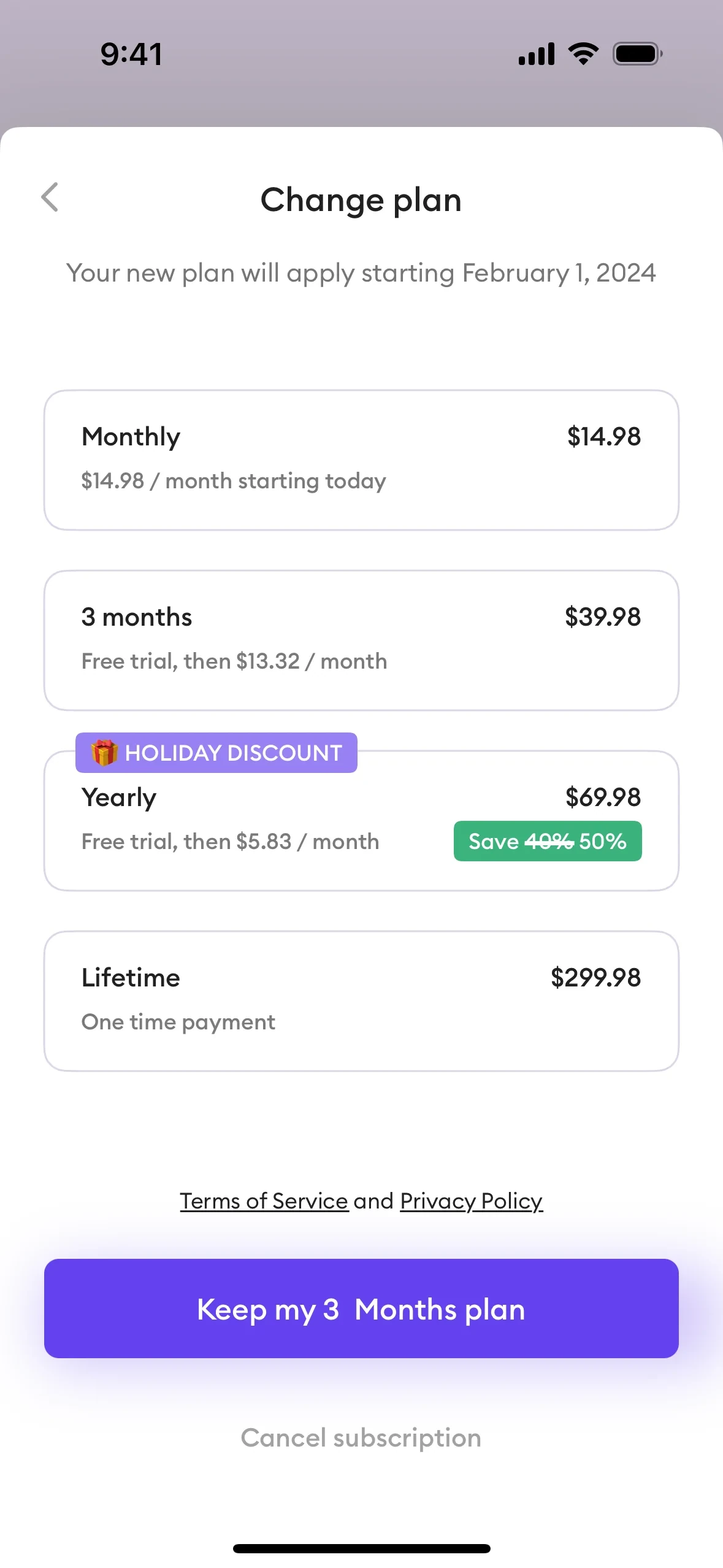 Ahead Change plan screen listing Monthly, 3 months, Yearly with a HOLIDAY DISCOUNT badge, and Lifetime, with a large purple Keep my 3 Months plan button and a faint Cancel subscription text link underneath