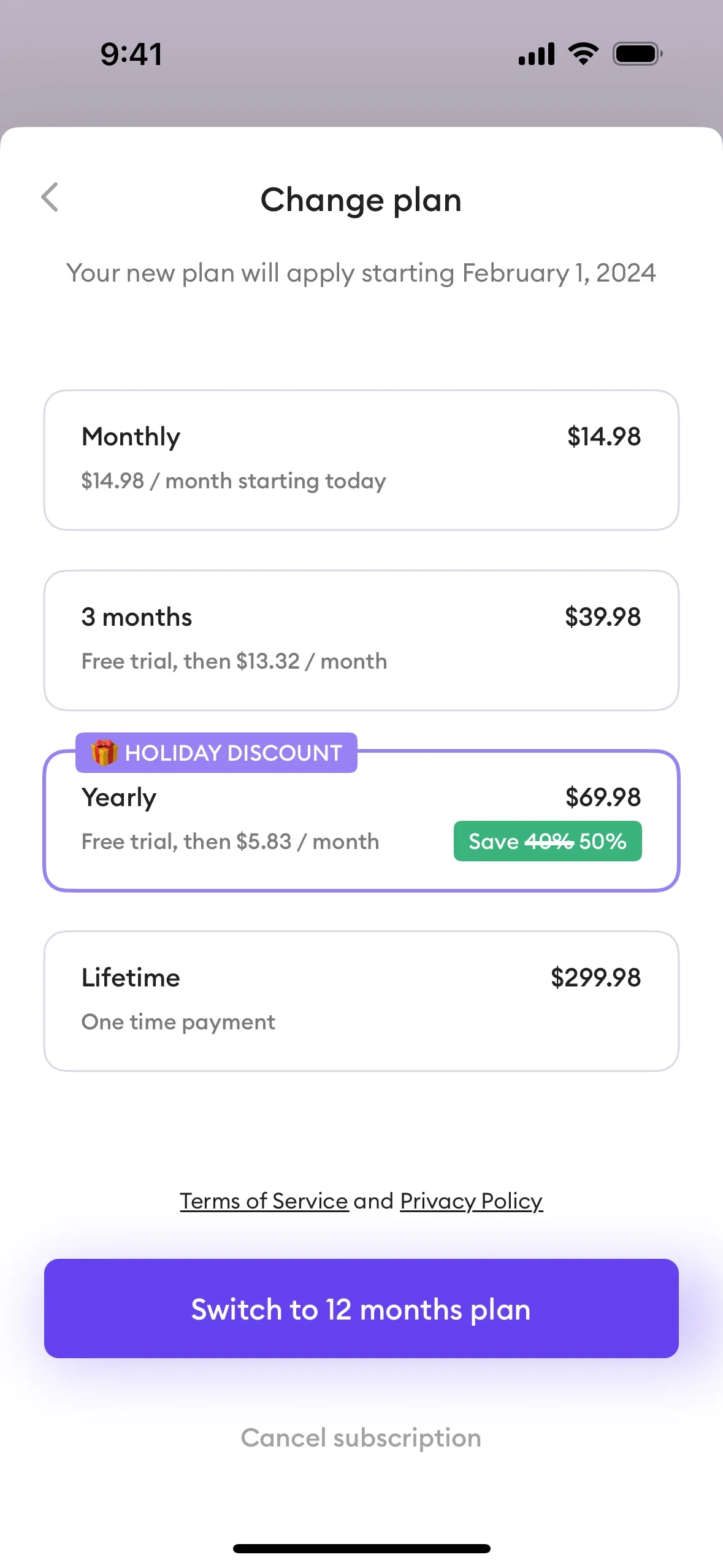 Ahead Change plan with the Yearly card selected and outlined, showing HOLIDAY DISCOUNT and Save 50 percent badges, a purple Switch to 12 months plan button, and Cancel subscription in grey below