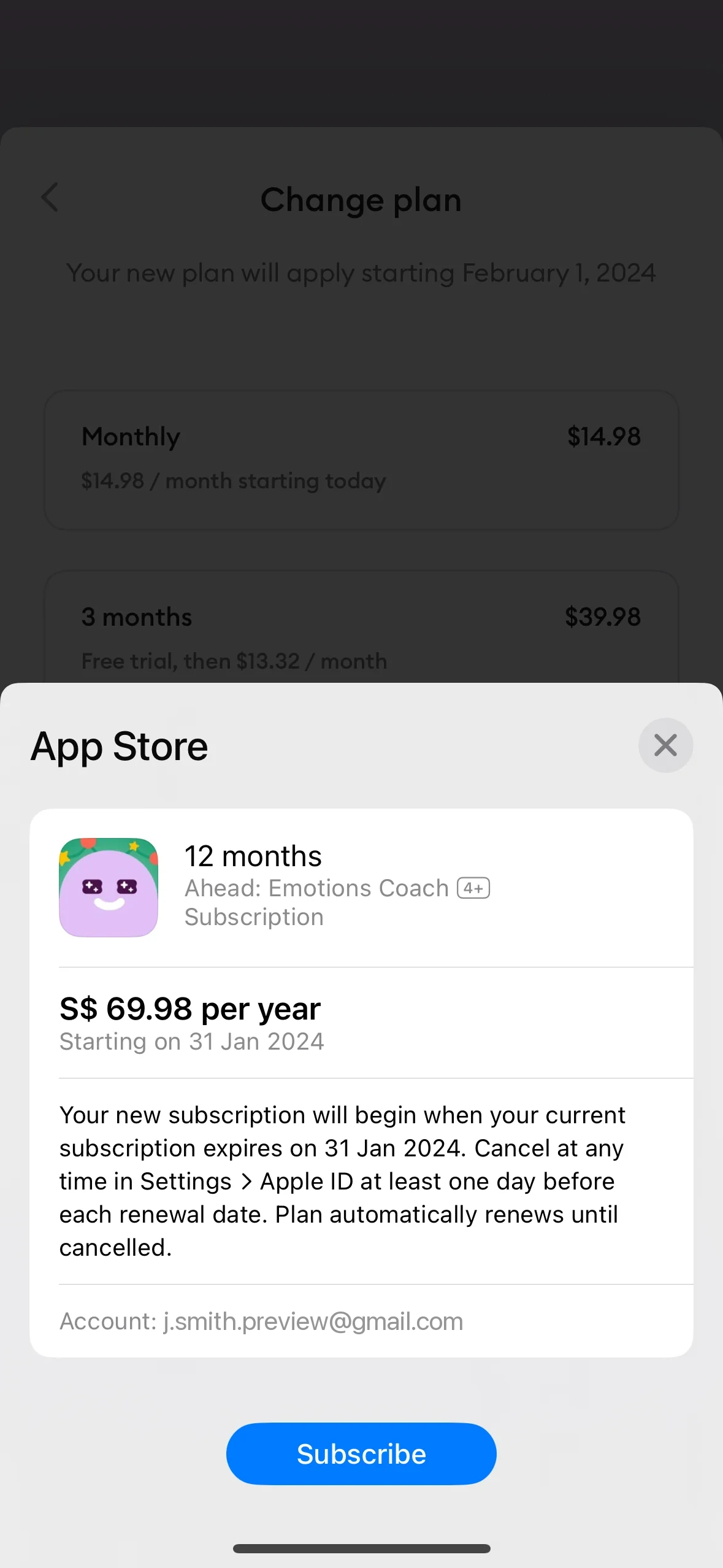 Apple App Store sheet over Ahead Change plan confirming a 12 months Ahead Emotions Coach subscription with a Subscribe button and account email j.smith.preview@gmail.com — this is the upgrade confirmation sheet, not a cancel confirmation; cancel instead via Settings then Subscriptions then Cancel Subscription