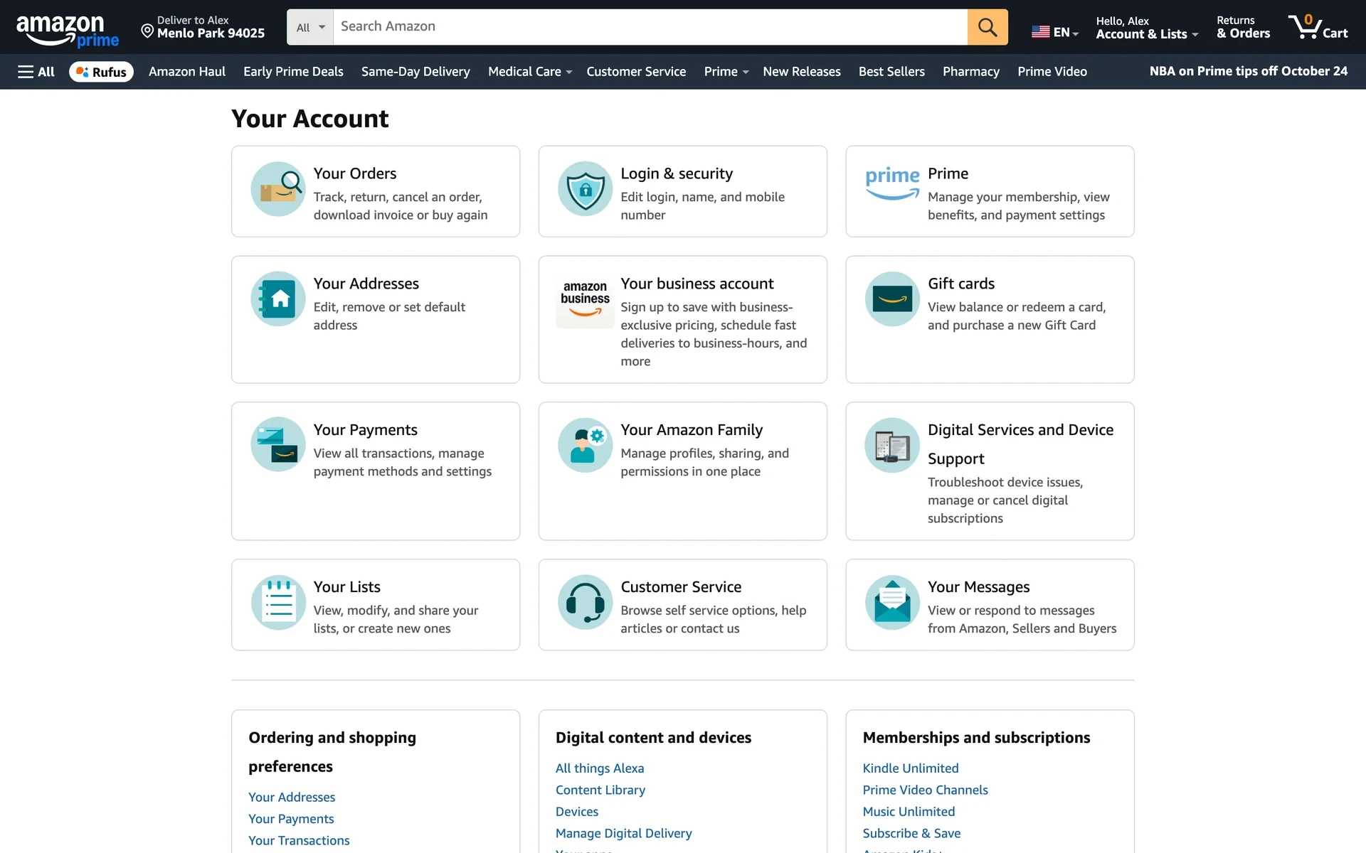 Amazon Your Account page with the Prime card top-right reading "Manage your membership, view benefits, and payment settings"