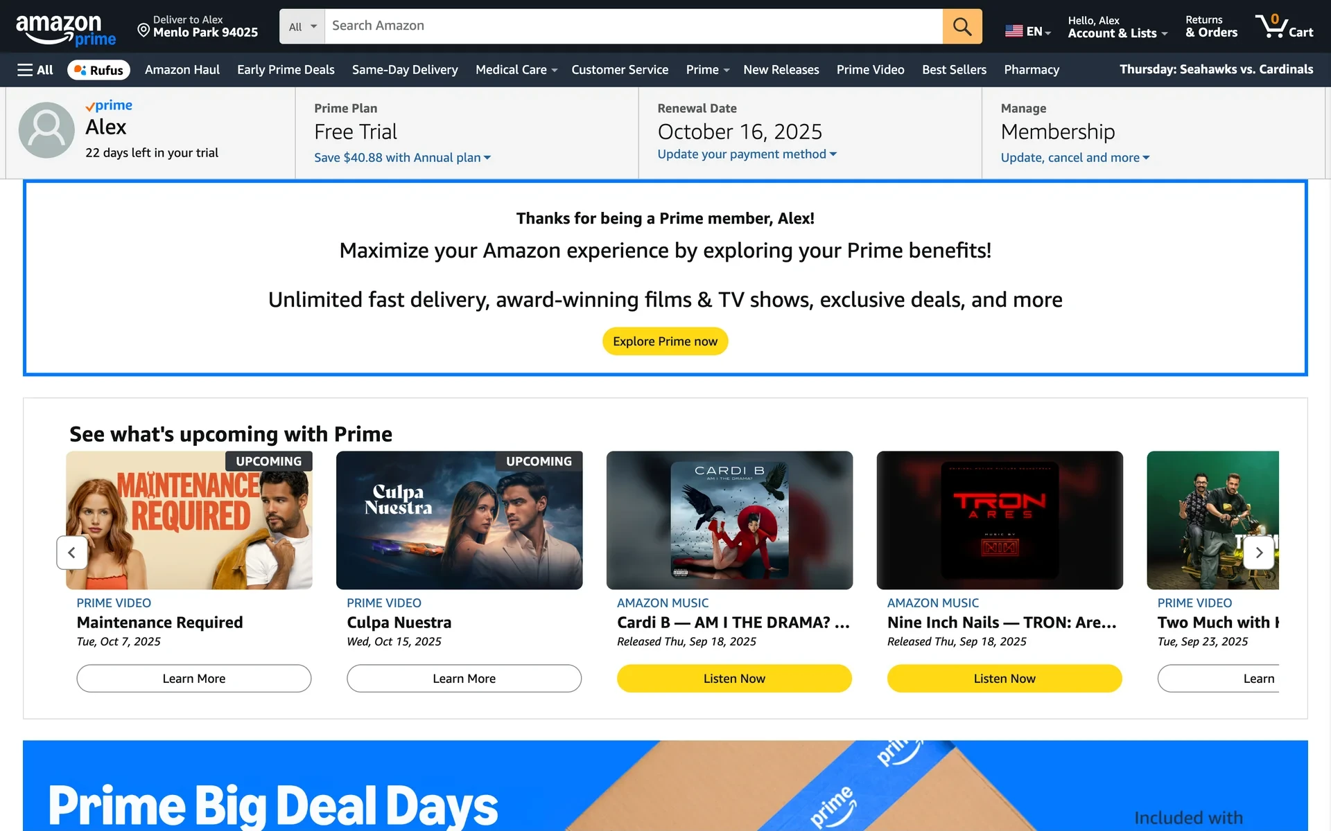 Amazon Prime membership page showing Prime Plan, Renewal Date, and the Manage Membership section with an "Update, continue and more" link