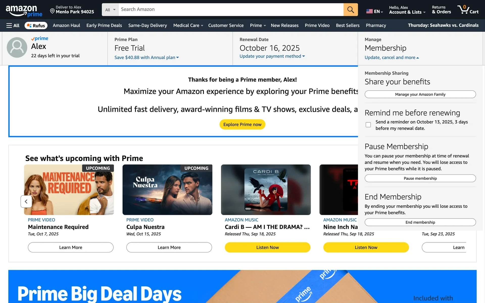 Manage Membership dropdown open showing Pause Membership, Remind me before renewing, and the End Membership button