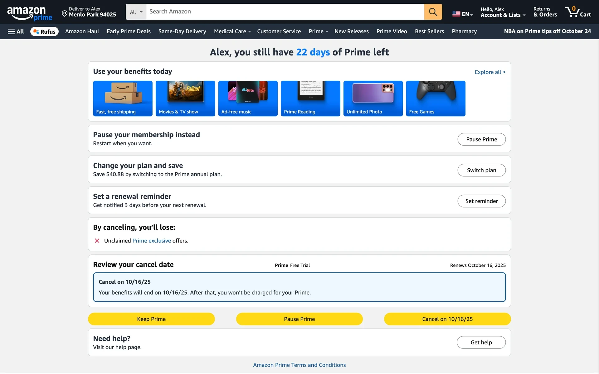 Amazon cancel page showing Pause Prime, Switch plan ("Save $40.88 by switching to the Prime annual plan"), Set reminder, a "By canceling, you'll lose" block, and Keep Prime / Pause Prime / Cancel on 10/16/25 buttons