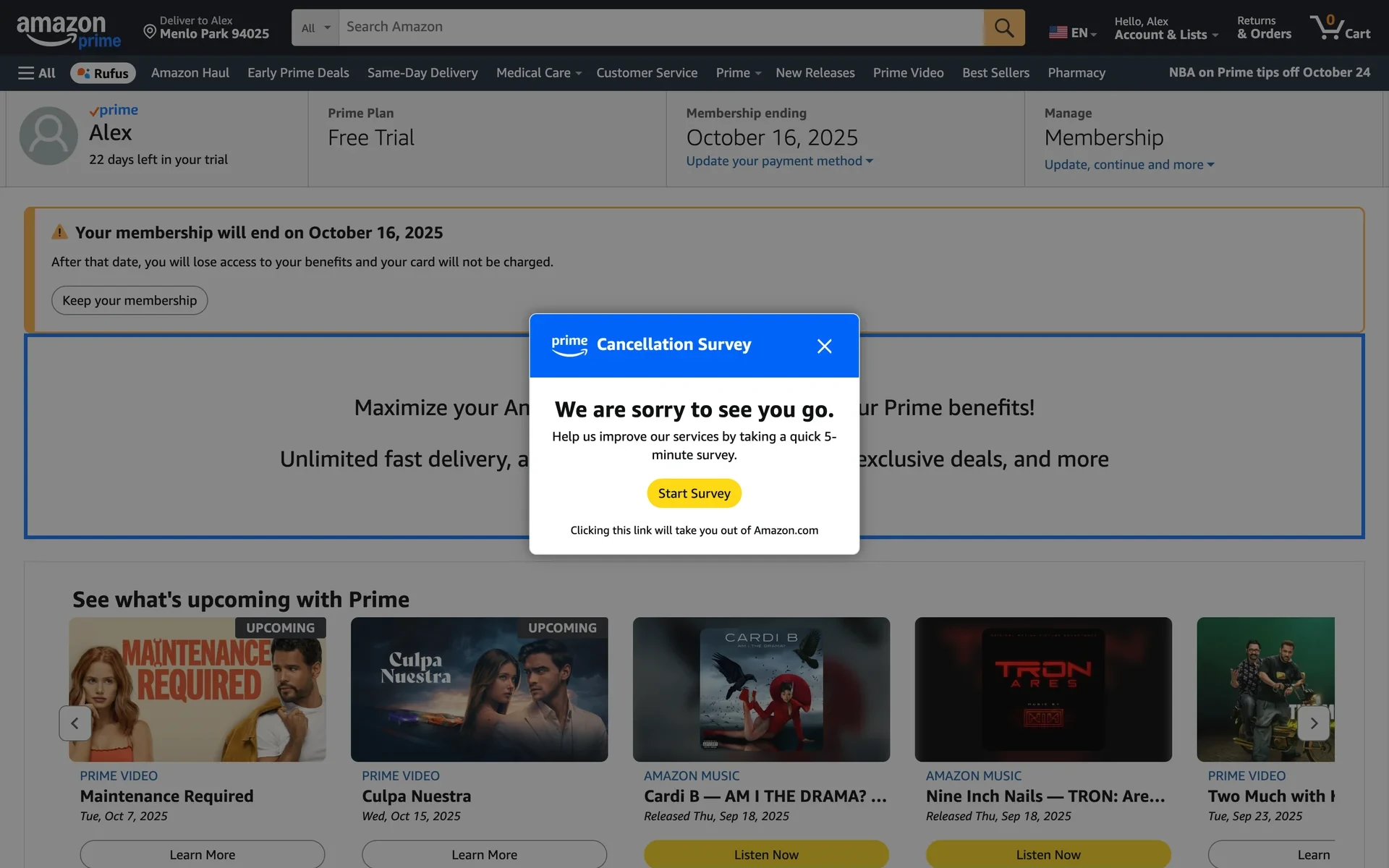 Amazon "Cancellation Survey — We are sorry to see you go" modal with a Start Survey button and an X to close