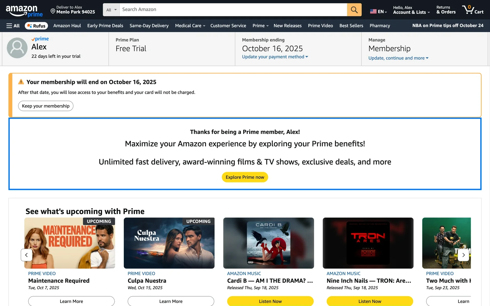 Amazon Prime page banner reading "Your membership will end on October 16, 2025. After that date, you will lose access to your benefits and your card will not be charged" with a Keep your membership button