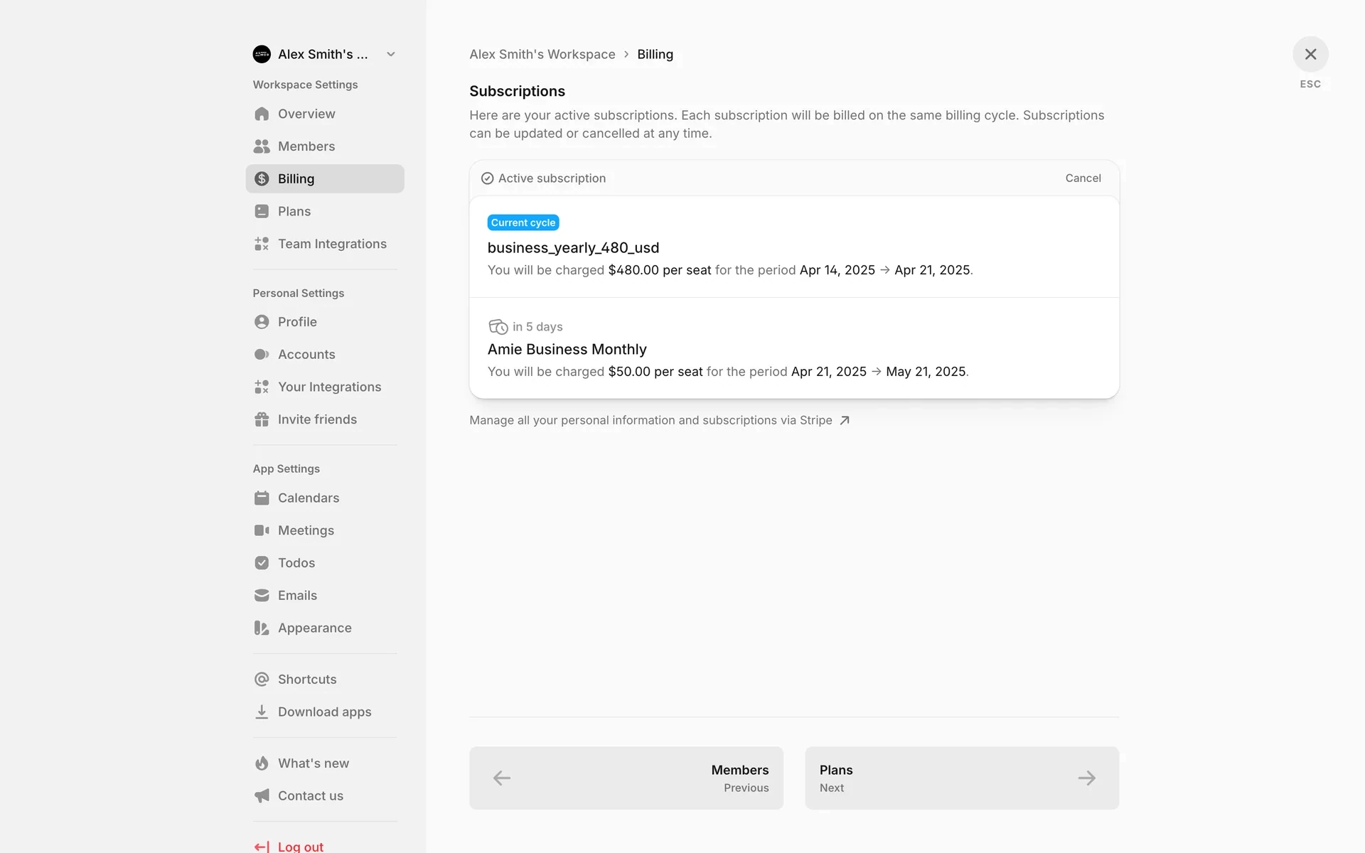 Amie Workspace Settings Billing page showing the active subscription with a Cancel link in the top-right and a "Manage all your personal information and subscriptions via Stripe" link below