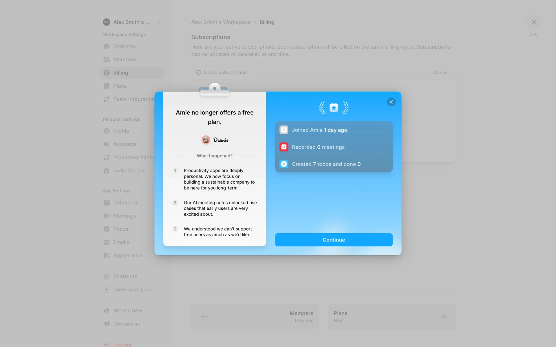 Amie retention screen showing usage stats — Joined Amie, Recorded meetings, Created todos — with a Continue button