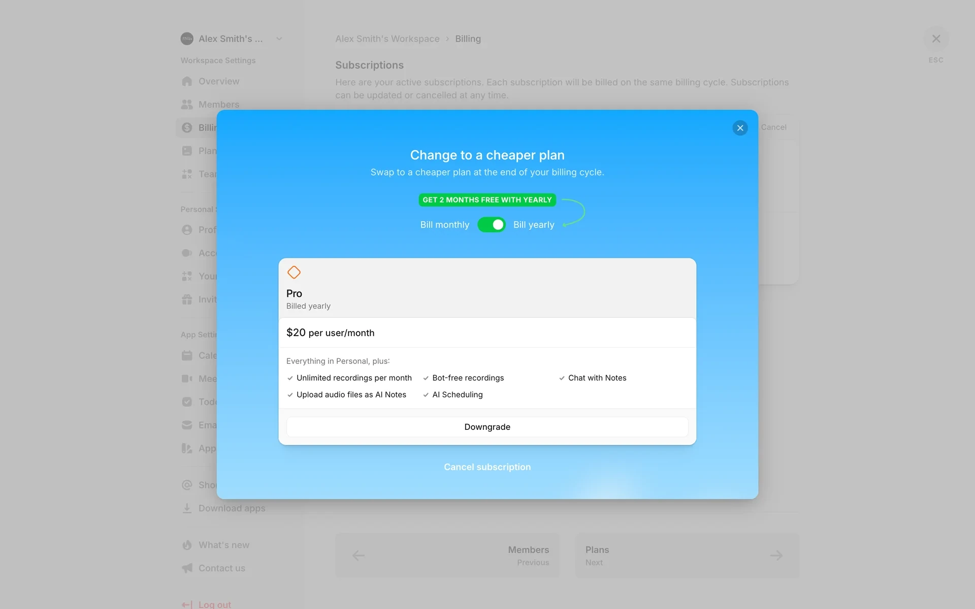 Amie "Change to a cheaper plan" downsell showing the Pro plan at $20 per user/month, a monthly/yearly toggle, a Downgrade button, and a small "Cancel subscription" link at the bottom