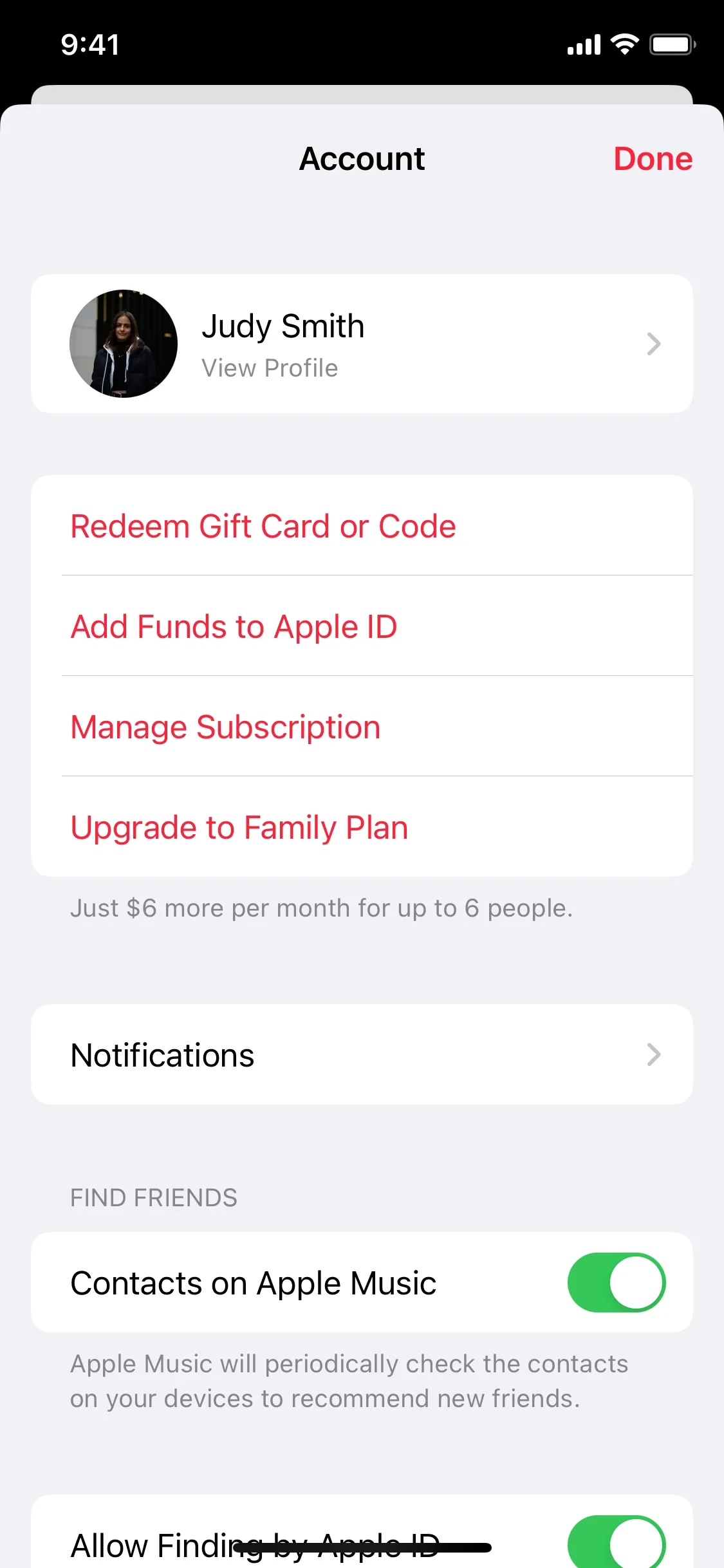 App Store Account sheet on iOS showing the user profile at the top and a red Manage Subscription link below Redeem Gift Card and Add Funds to Apple ID options