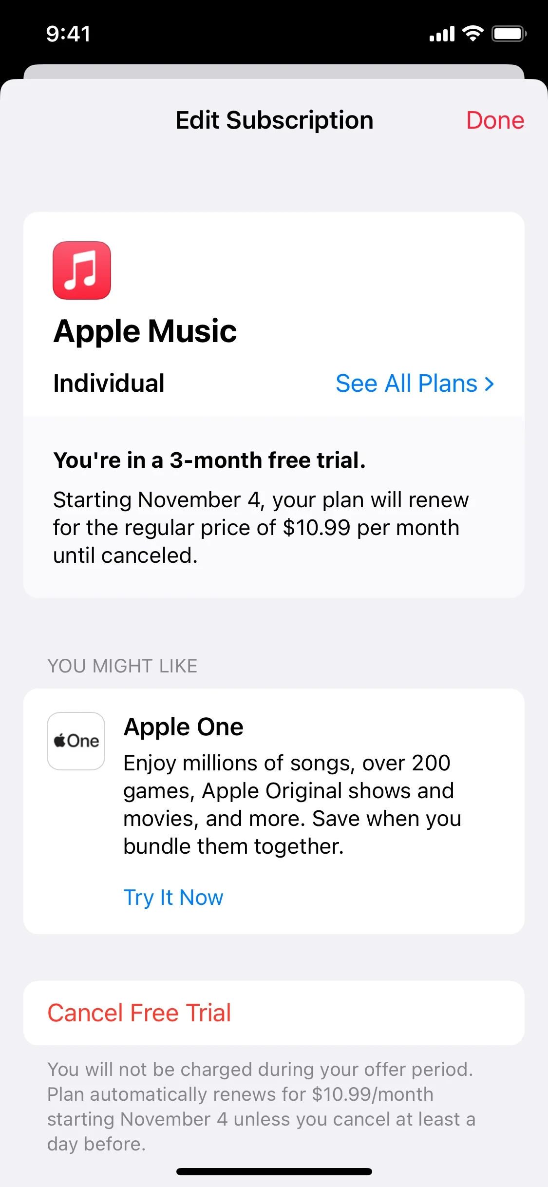 Edit Subscription screen on iOS showing Apple Music Individual plan, a "You're in a 3-month free trial" banner reminding the user their plan renews at $10.99 per month, an Apple One upsell card, and a red Cancel Free Trial button