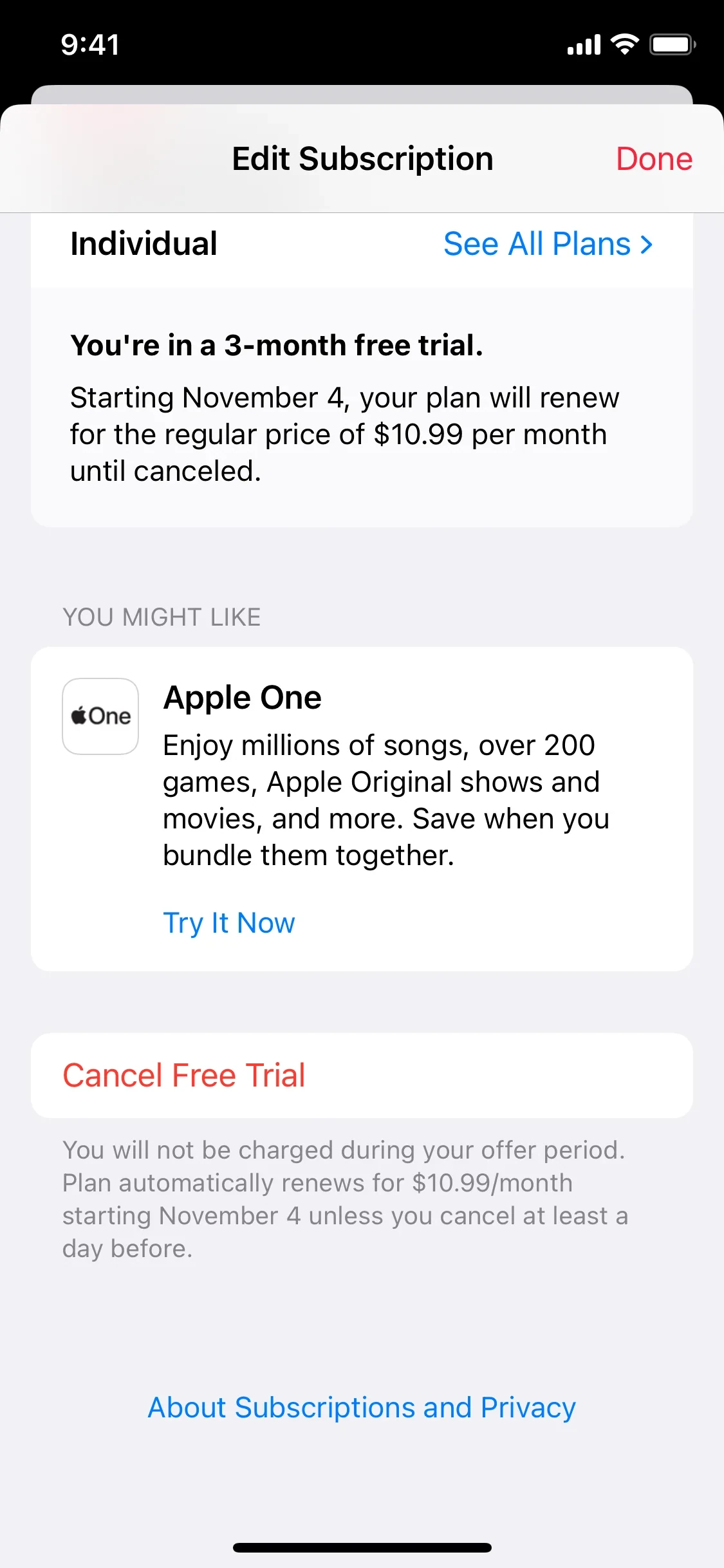 Scrolled Edit Subscription screen on iOS showing the Cancel Free Trial button, fine print reading "Plan automatically renews for $10.99/month starting November 4 unless you cancel at least a day before," and an About Subscriptions and Privacy link at the bottom
