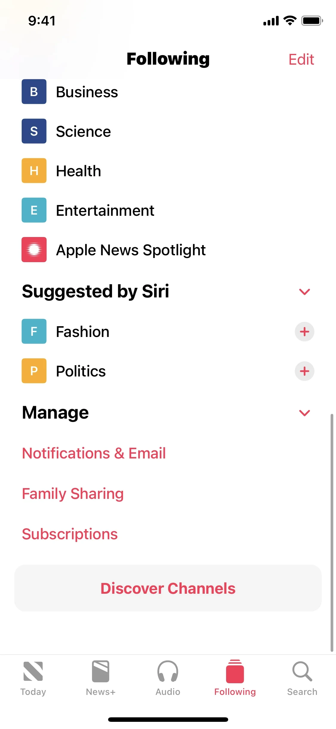 Apple News Following tab scrolled to the Manage section showing Notifications & Email, Family Sharing, and Subscriptions links above a Discover Channels button