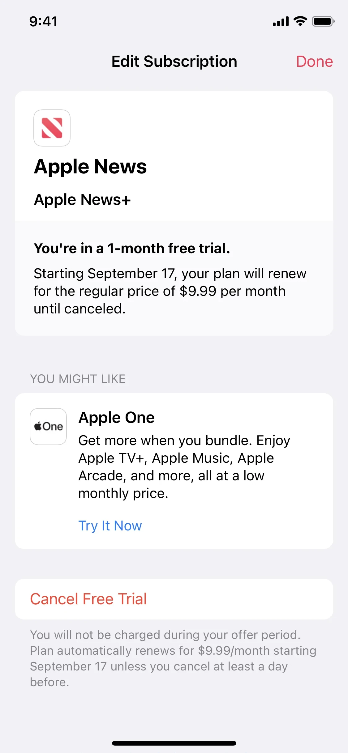 Apple News Edit Subscription sheet during a free trial, headed "You're in a 1-month free trial" with a renewal notice quoting the then-current $9.99 per month price, an Apple One upsell card under YOU MIGHT LIKE, and a red Cancel Free Trial button