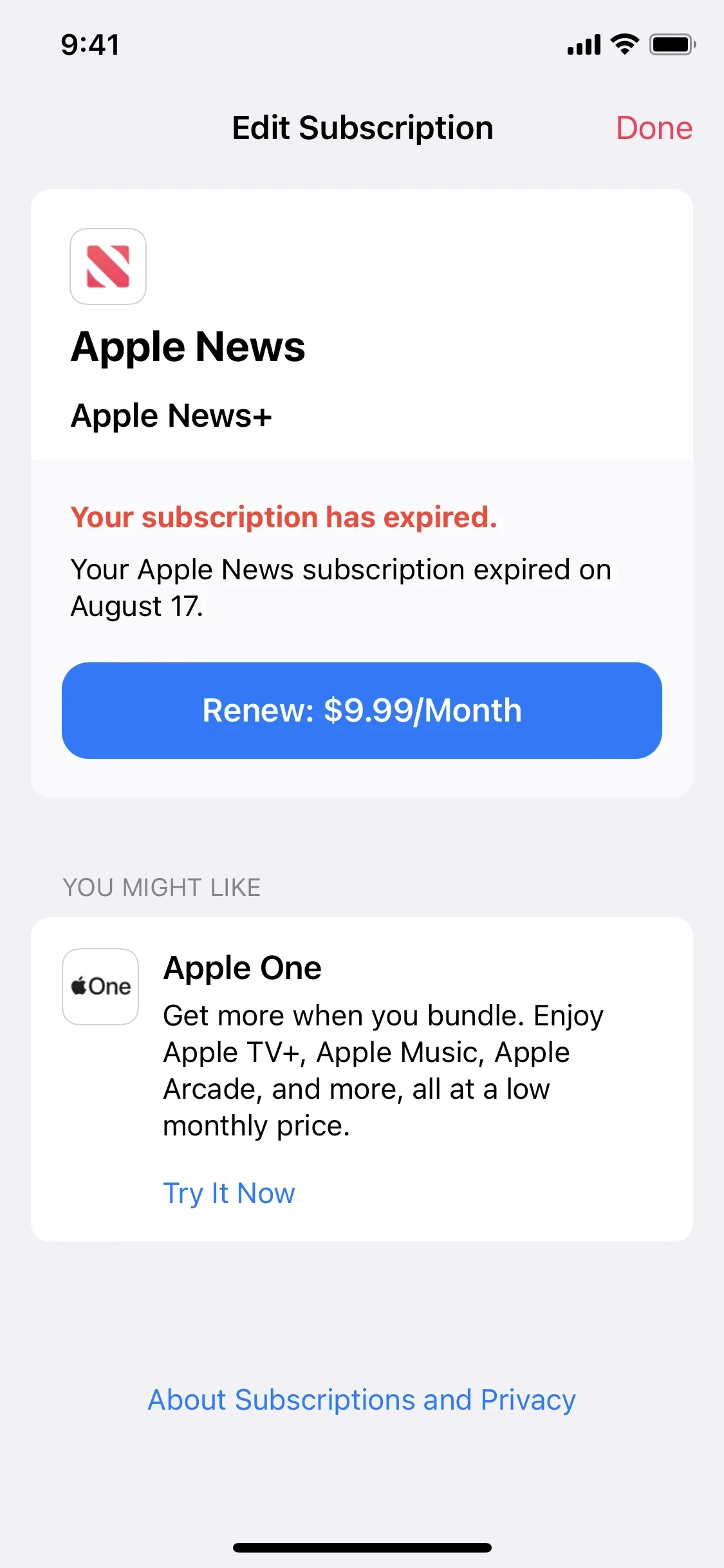 Apple News Edit Subscription sheet in the expired state, showing red text "Your subscription has expired" with the expiry date and a blue Renew button quoting the then-current $9.99/Month price