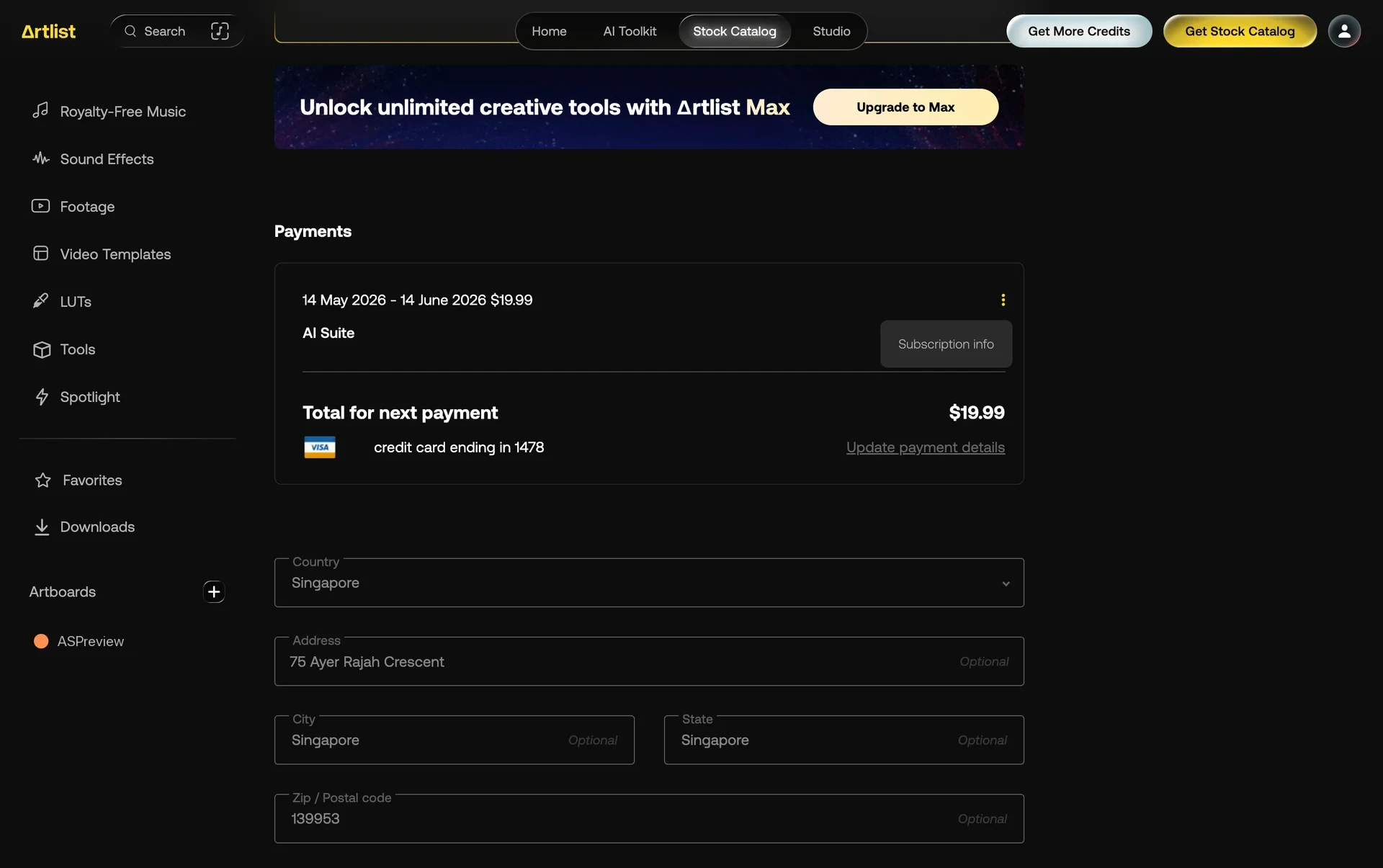 Artlist Payments page showing an AI Suite plan row for 14 May 2026–14 June 2026 at $19.99, a Subscription info control, Total for next payment $19.99, and a Visa ending in 1478 with Update payment details