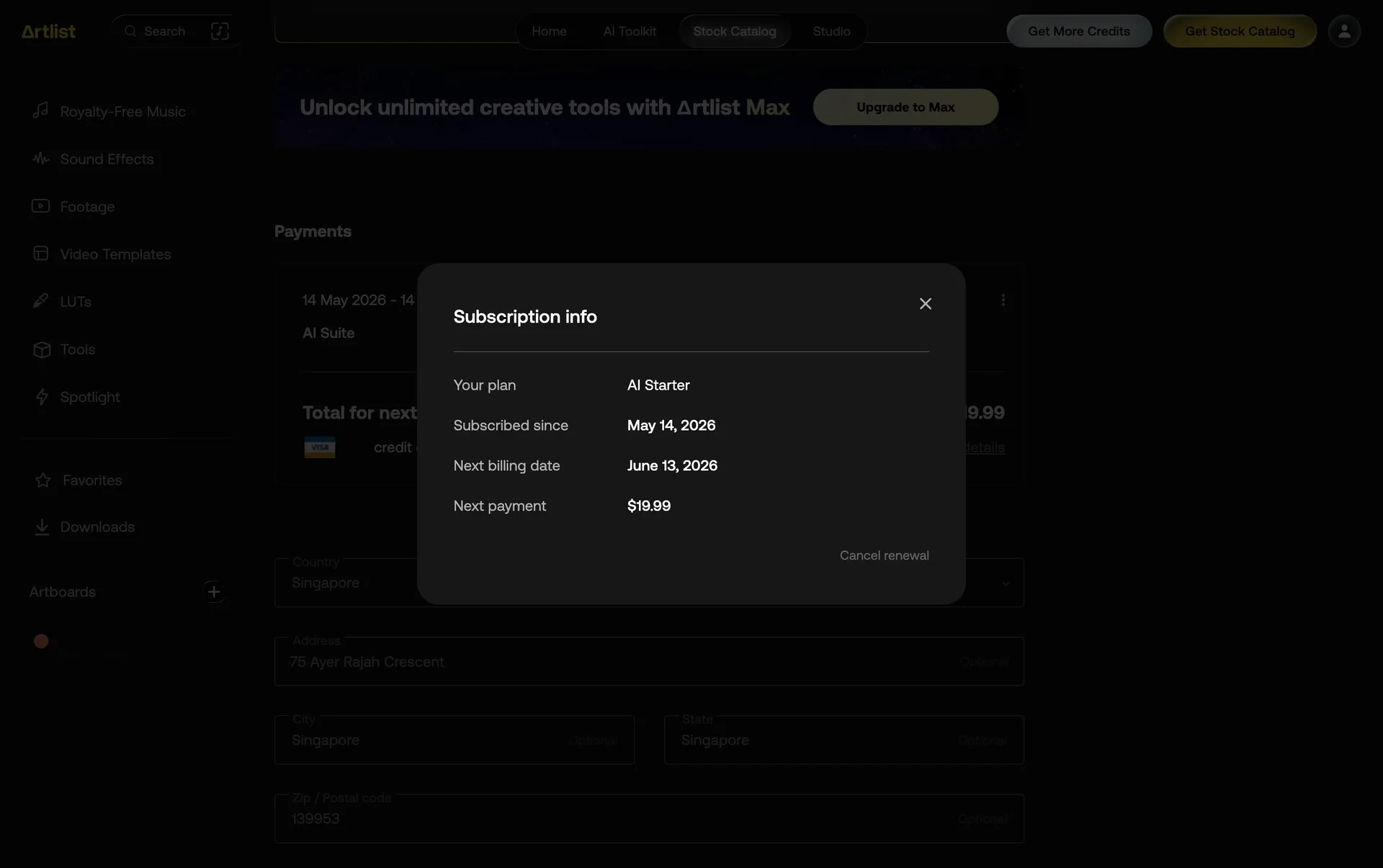 Artlist Subscription info modal listing Your plan AI Starter, Subscribed since May 14 2026, Next billing date June 13 2026, Next payment $19.99, and a Cancel renewal link at the bottom right