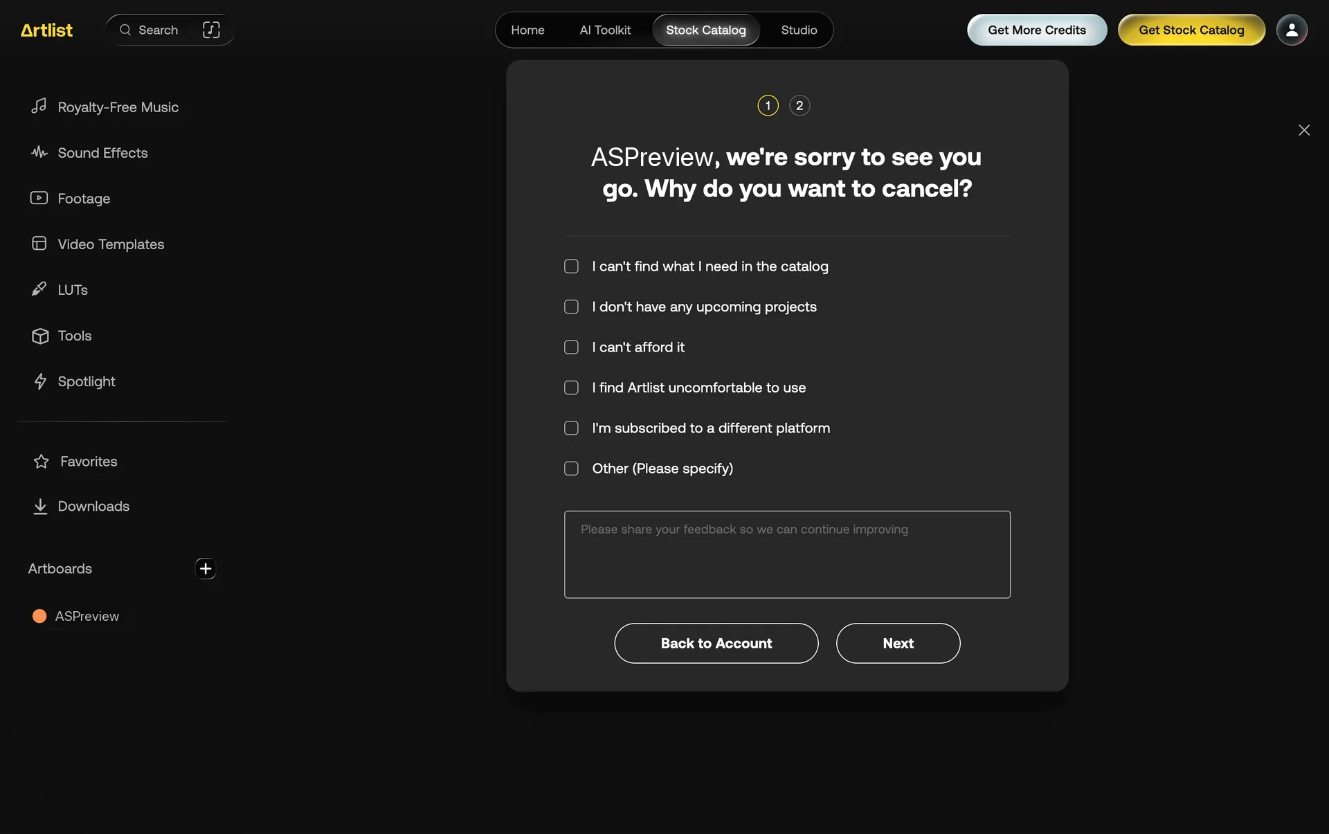 Artlist cancel survey step 1 of 2 asking why you want to cancel, with six checkbox reasons and Back to Account and Next buttons