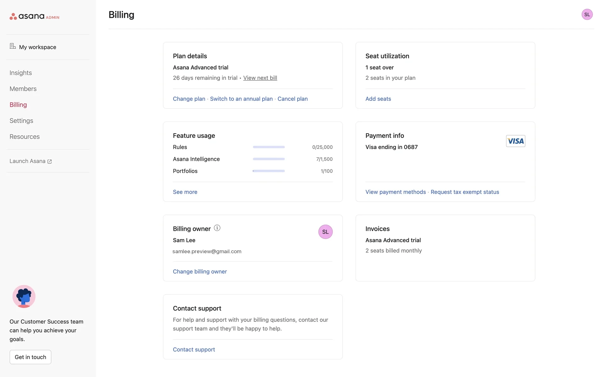 Asana Admin console Billing page with the Plan details card at the top showing "Change plan · Switch to an annual plan · Cancel plan" as inline text links, plus seat utilization, payment info, invoices, and Contact support cards on the same page