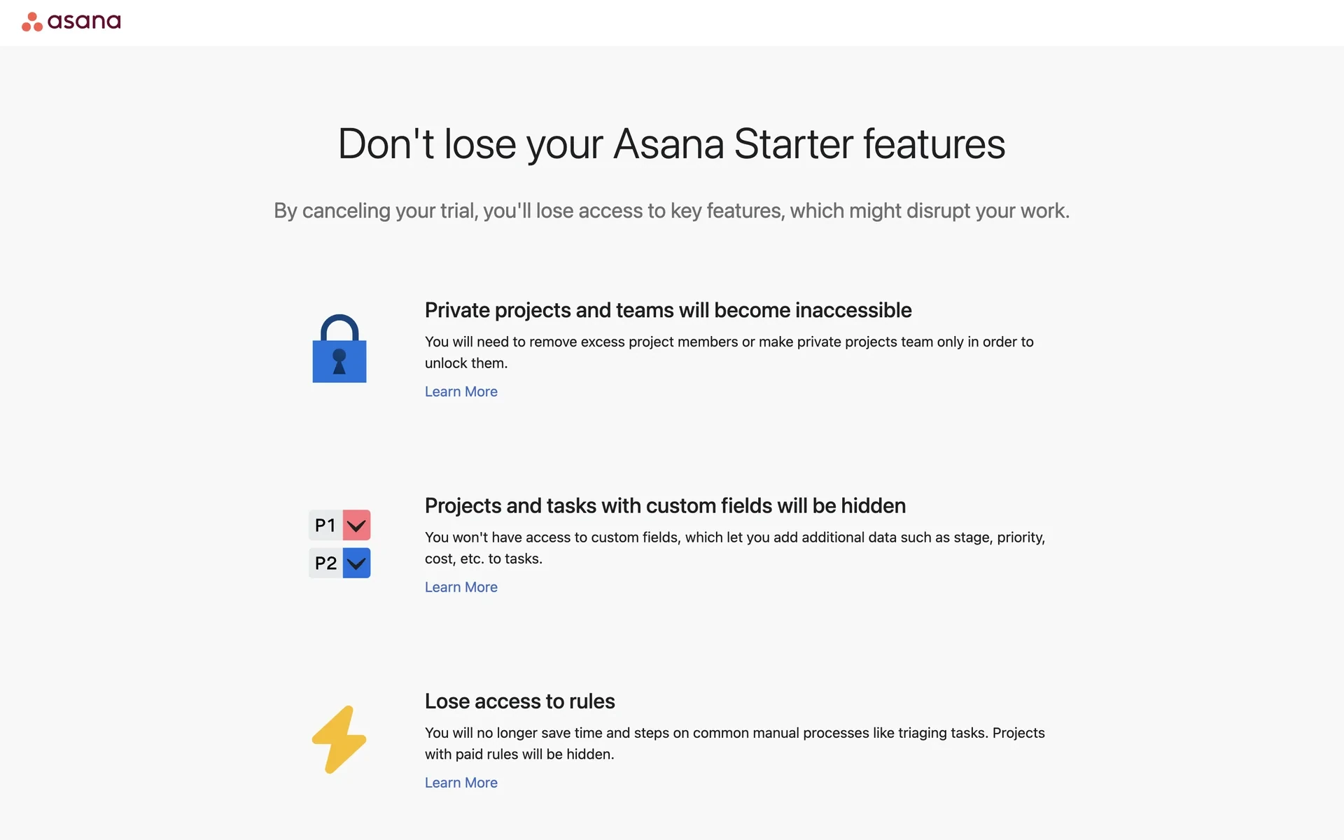 Asana retention page headed "Don't lose your Asana Starter features / By canceling your trial, you'll lose access to key features, which might disrupt your work" listing consequences: private projects becoming inaccessible, custom fields hidden, and loss of rules