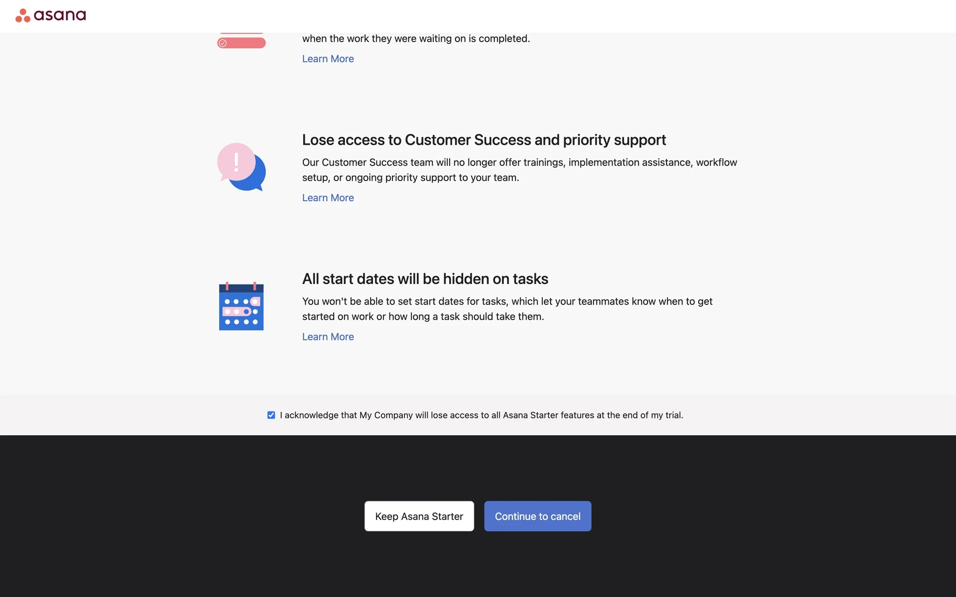 Bottom of the retention page with the acknowledgement checkbox checked and the blue "Continue to cancel" button now active alongside the neutral "Keep Asana Starter" button
