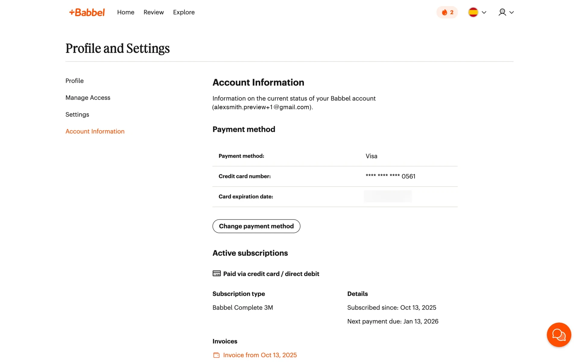 Babbel Profile and Settings page on Account Information, showing the saved Visa payment method and an Active subscriptions section listing Babbel Complete 3M with the subscribed-since and next-payment-due dates