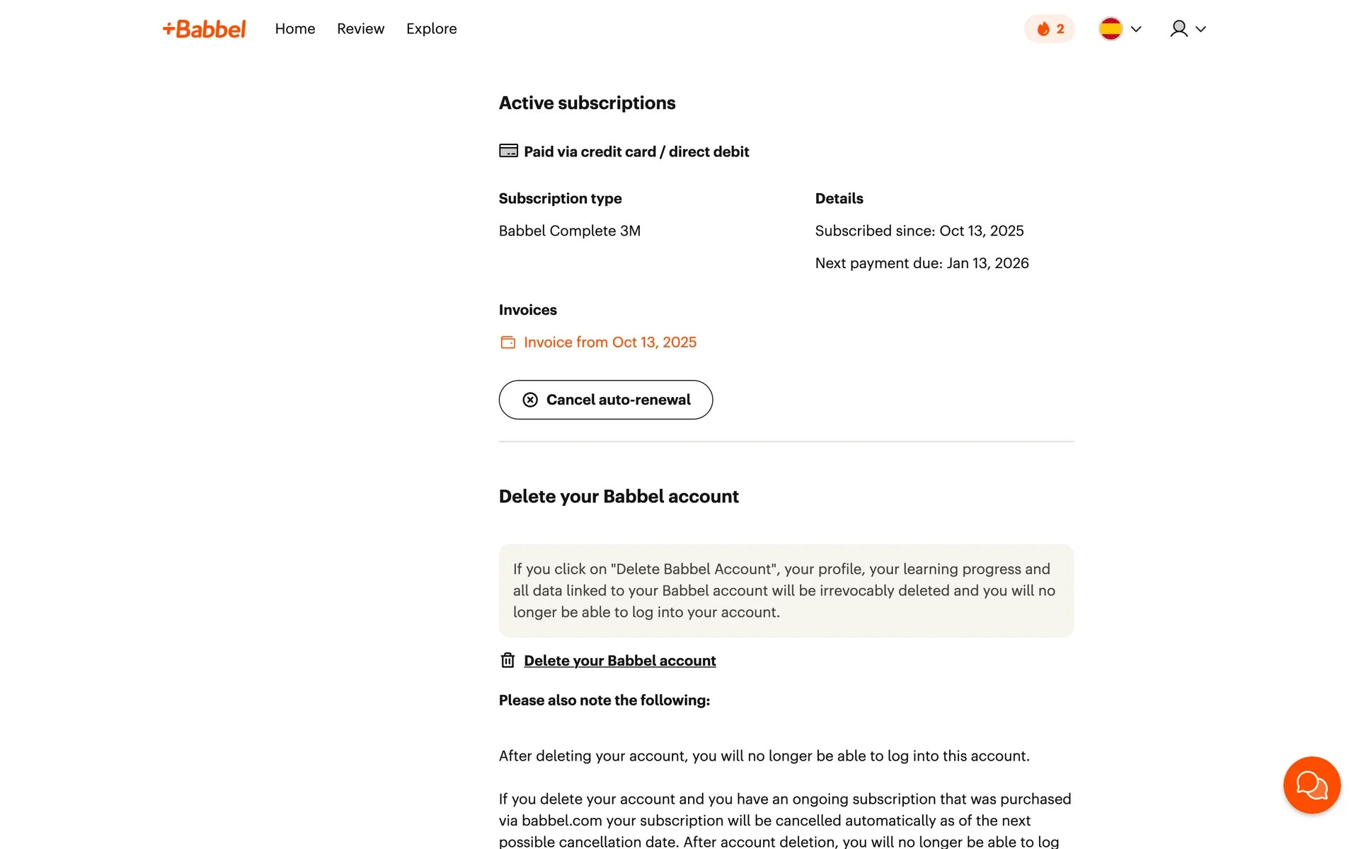 Babbel Active subscriptions panel showing Babbel Complete 3M, the invoice link, and a Cancel auto-renewal button below the subscription details