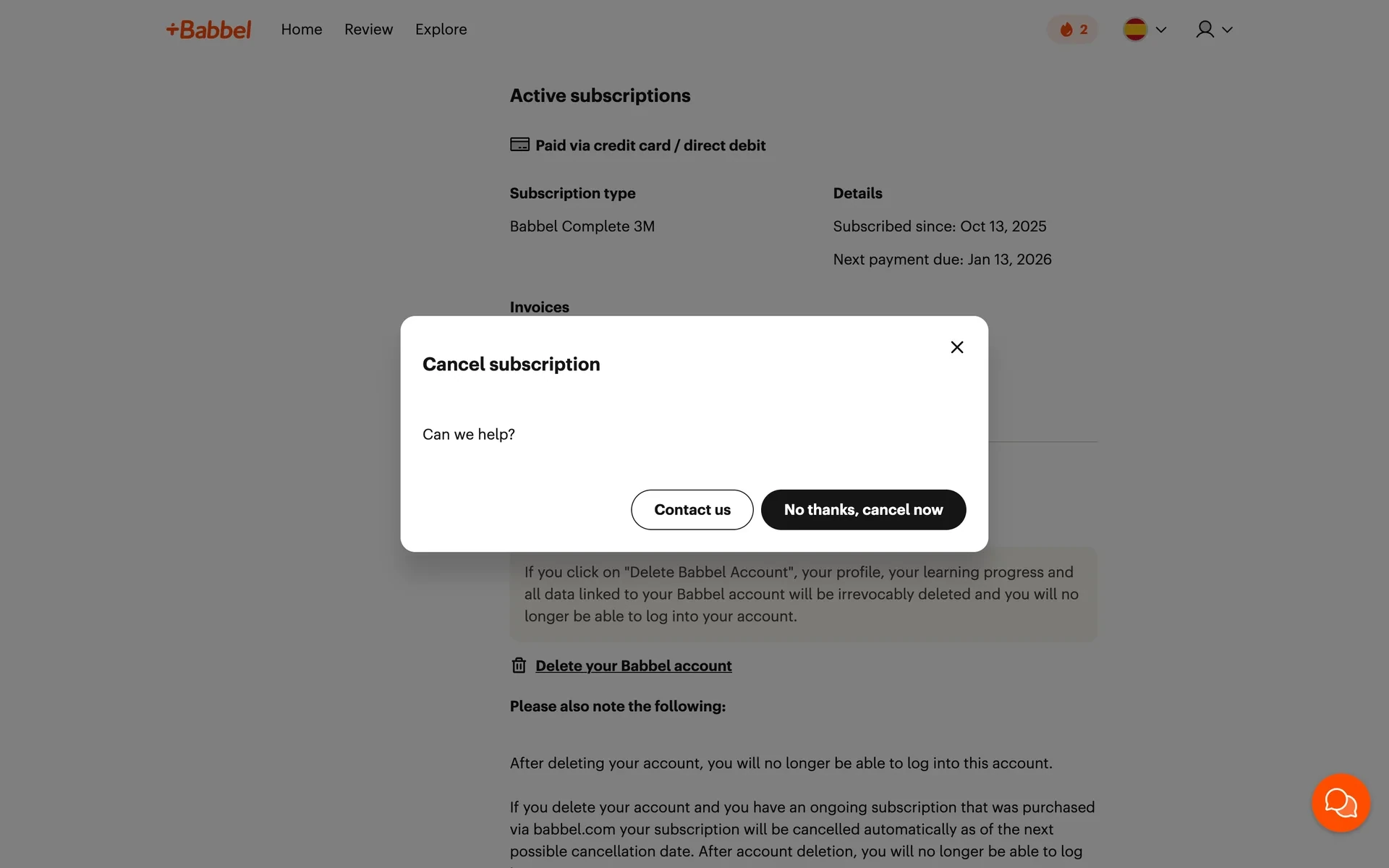 Babbel "Cancel subscription" modal reading "Can we help?" with a white Contact us button and a black "No thanks, cancel now" button