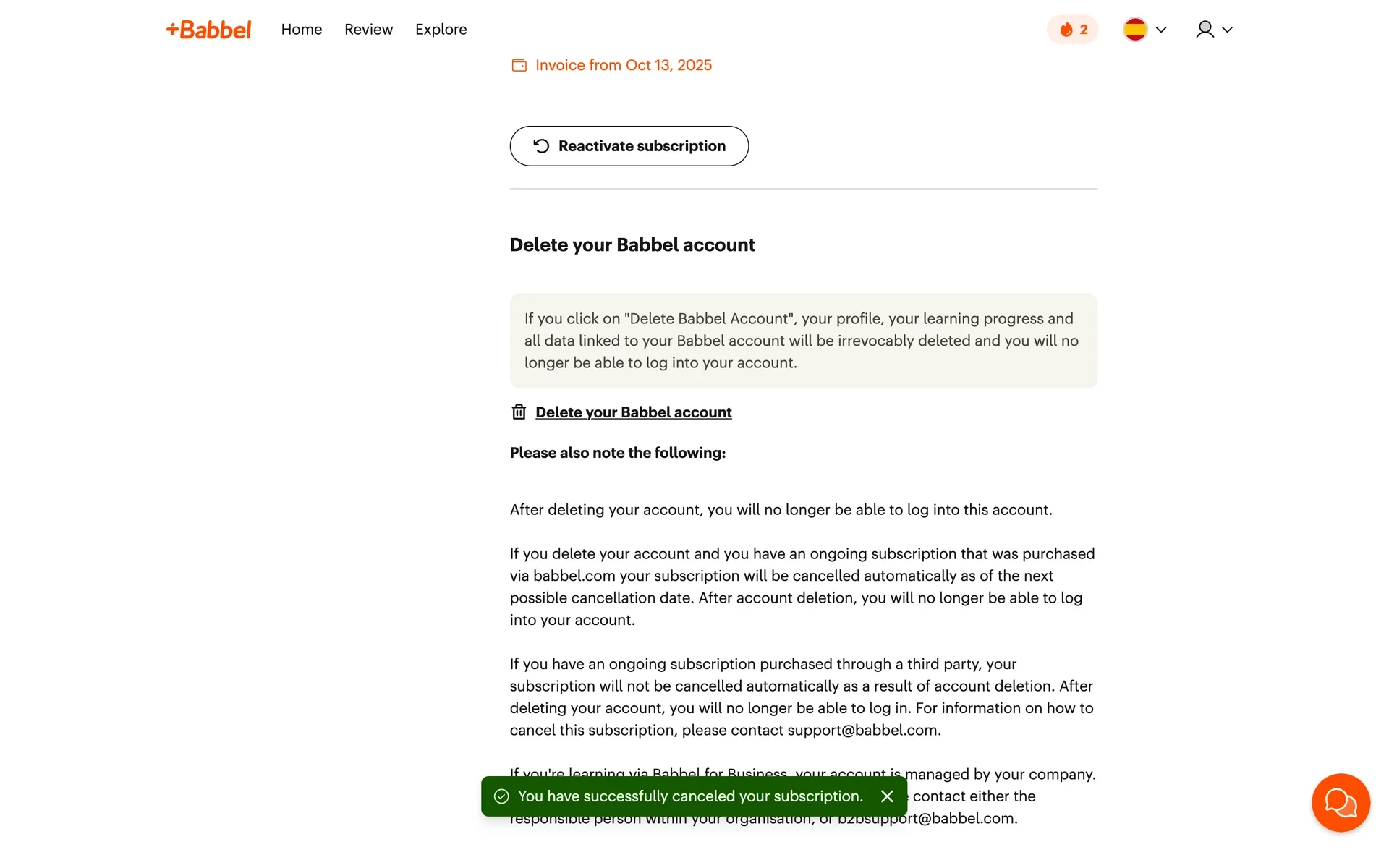 Babbel Account Information page after cancelling, showing a Reactivate subscription button and a green toast notification "You have successfully canceled your subscription"