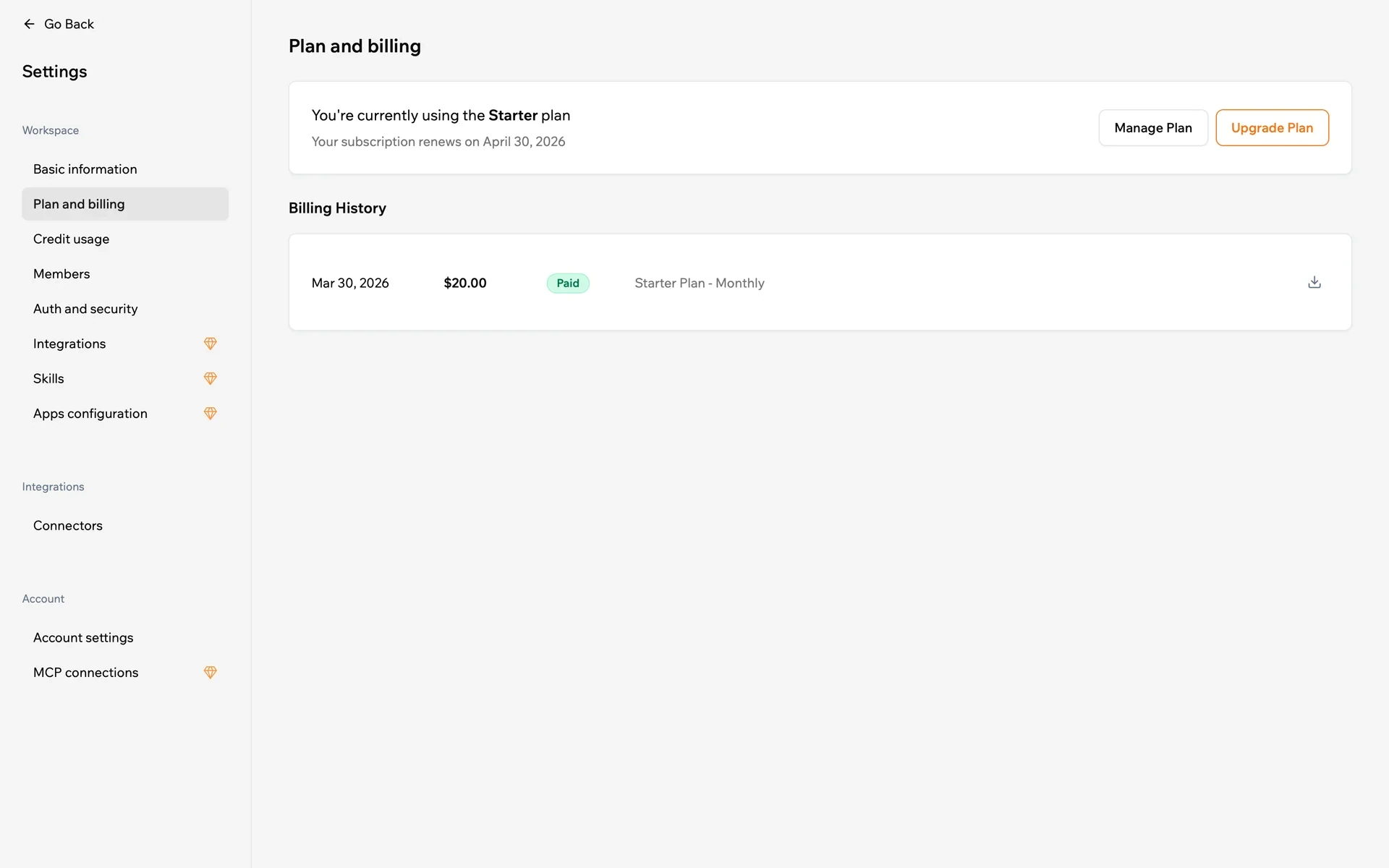 Base44 Settings on the Plan and billing tab showing "You're currently using the Starter plan", a "Your subscription renews on April 30, 2026" line, Manage Plan and Upgrade Plan buttons, and a Billing History row for a $20.00 paid Starter Plan - Monthly invoice