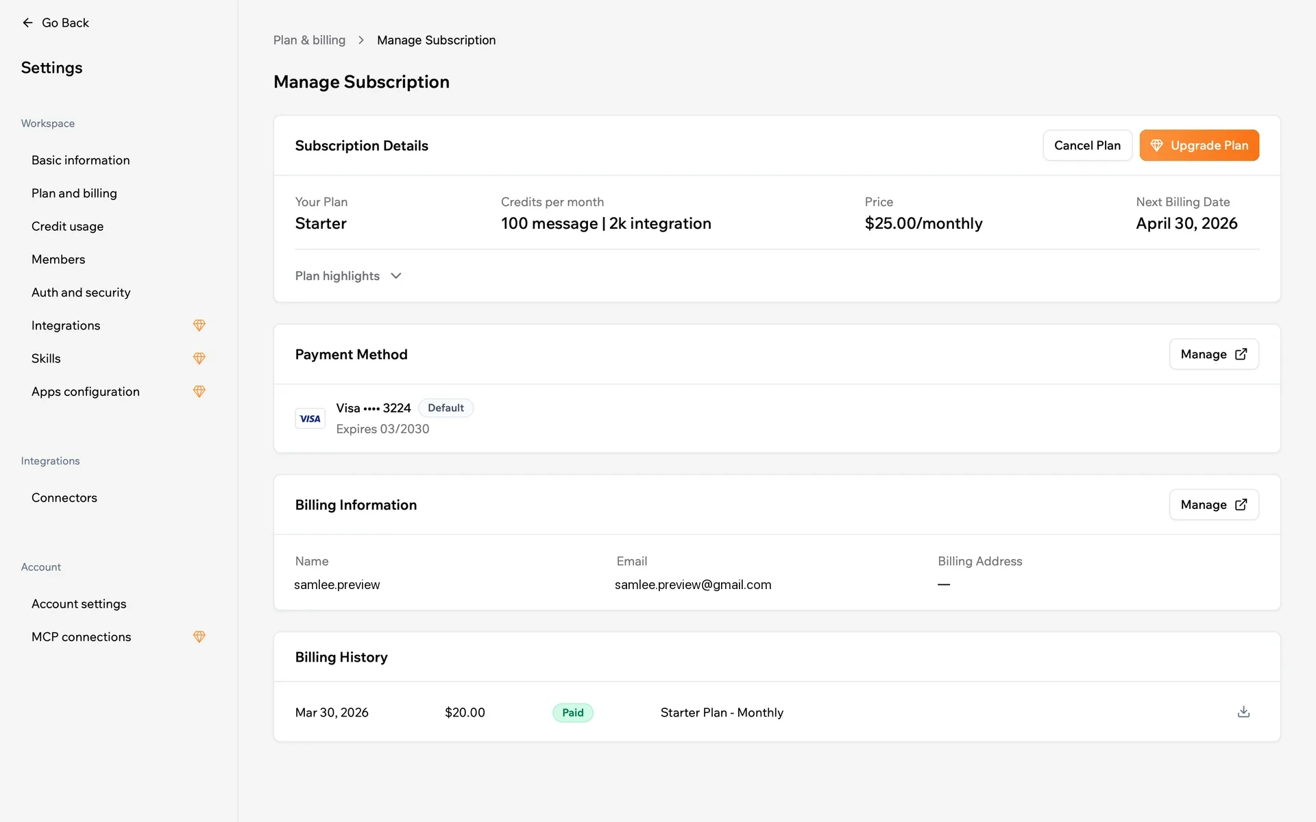 Base44 Manage Subscription page showing Subscription Details for the Starter plan (100 message | 2k integration credits, $25.00/monthly, next billing April 30, 2026) with Cancel Plan and an orange Upgrade Plan button, plus Payment Method, Billing Information, and Billing History sections