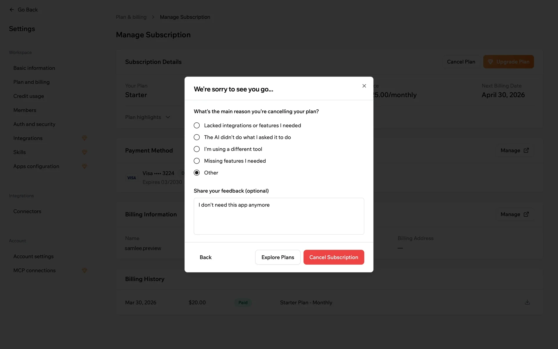Base44 "We're sorry to see you go…" cancellation survey with radio options (Lacked integrations or features I needed; The AI didn't do what I asked it to do; I'm using a different tool; Missing features I needed; Other selected), a feedback textarea reading "I don't need this app anymore", and Back, Explore Plans, and a red Cancel Subscription button