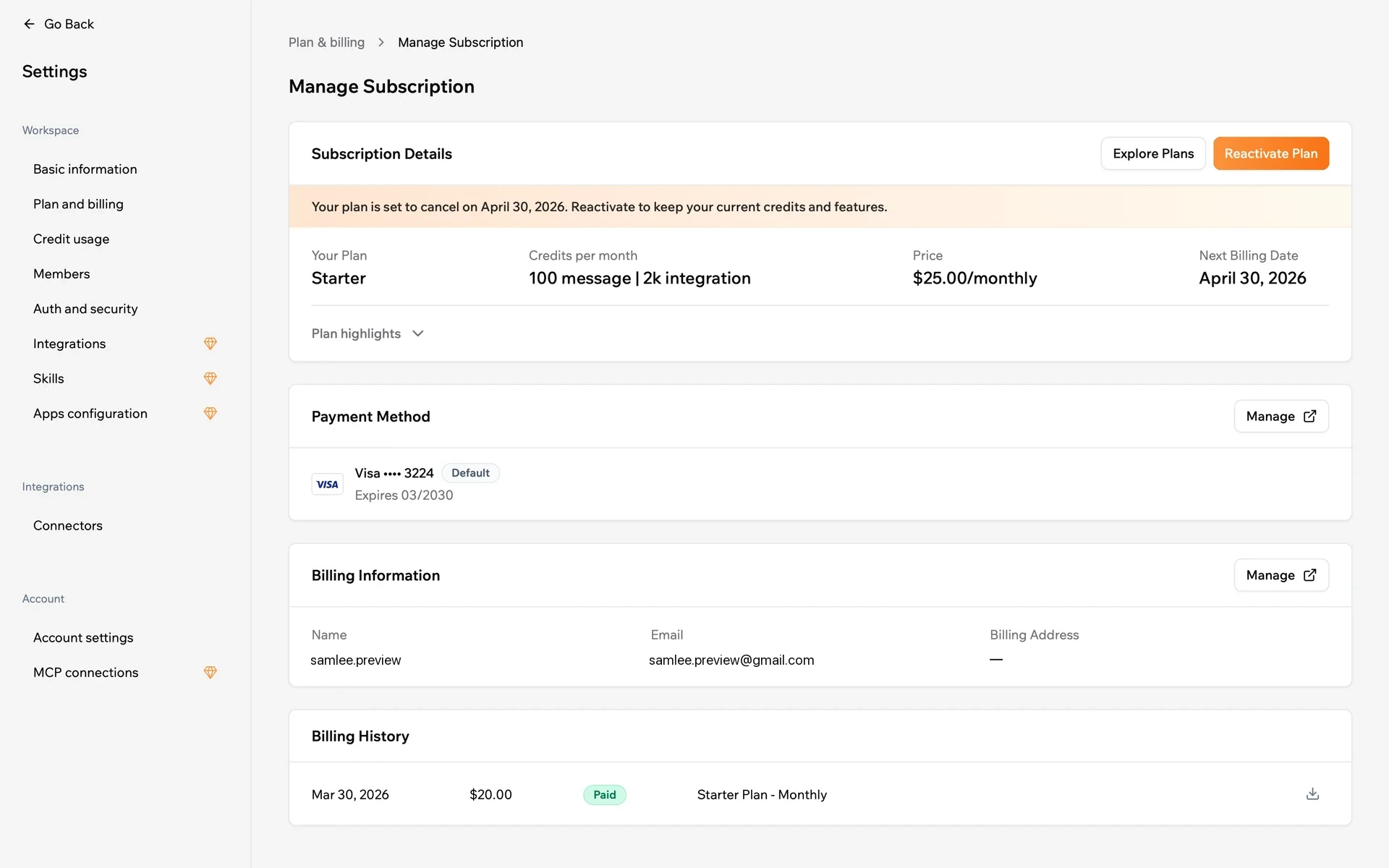 Base44 Manage Subscription page after cancellation showing an amber banner "Your plan is set to cancel on April 30, 2026. Reactivate to keep your current credits and features." with Explore Plans and an orange Reactivate Plan button