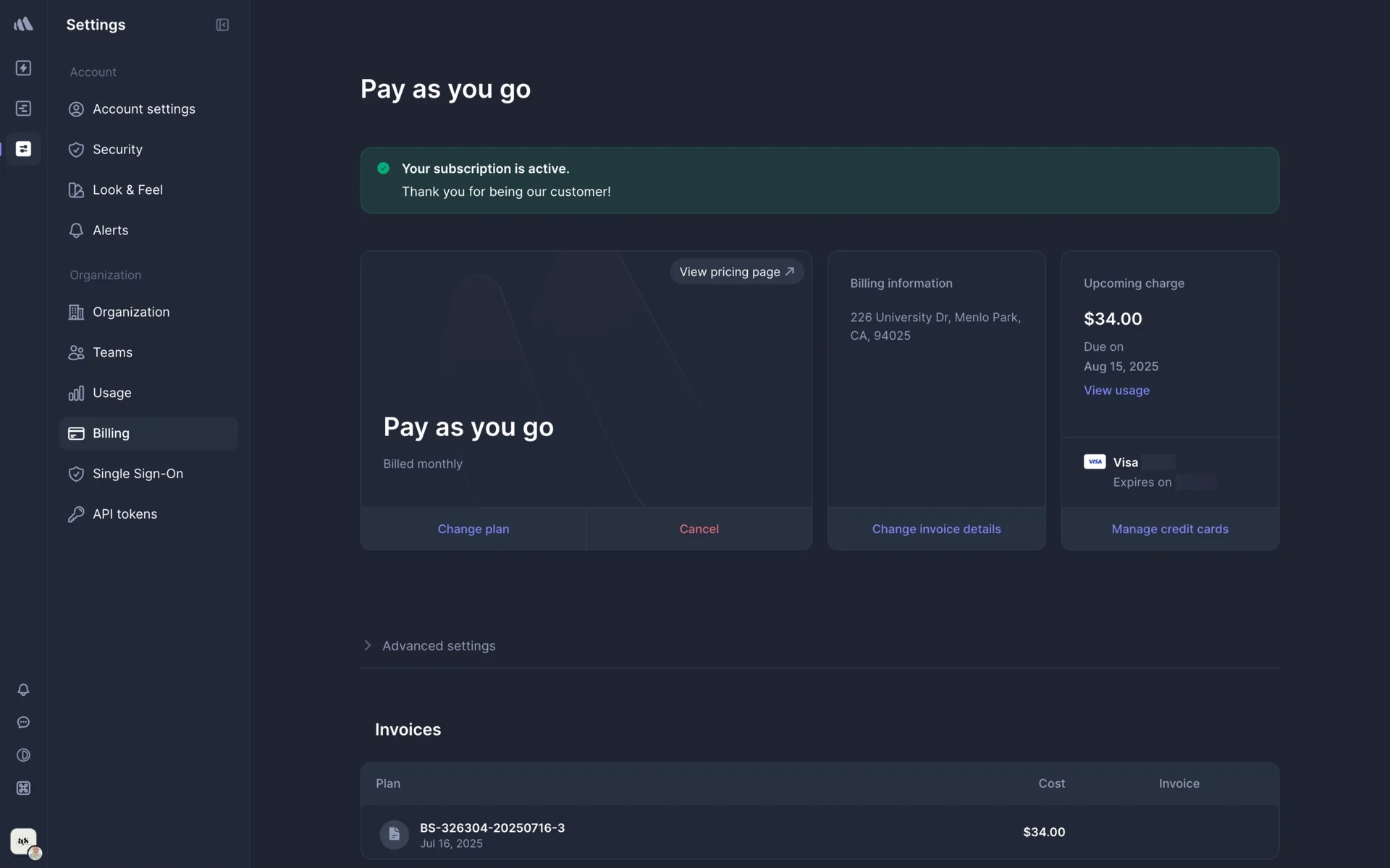 Better Stack Settings Billing page showing the Pay as you go plan card with Change plan and Cancel buttons, an Upcoming charge of $34.00 due Aug 15, and the invoices list