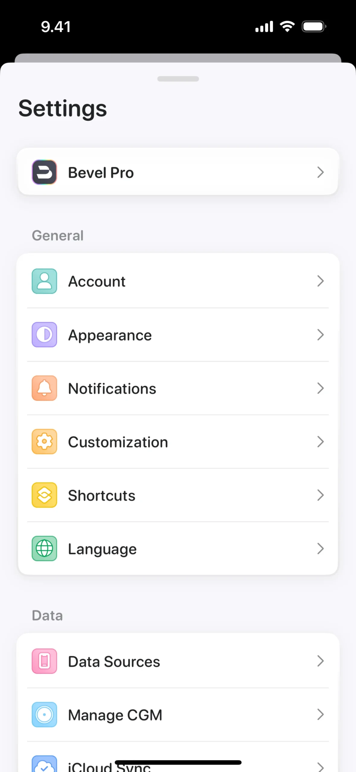 Bevel iOS Settings screen with a Bevel Pro row at the top showing the Bevel logo, then General rows for Account, Appearance, Notifications, Customization, Shortcuts, and Language, and a Data section starting with Data Sources and Manage CGM