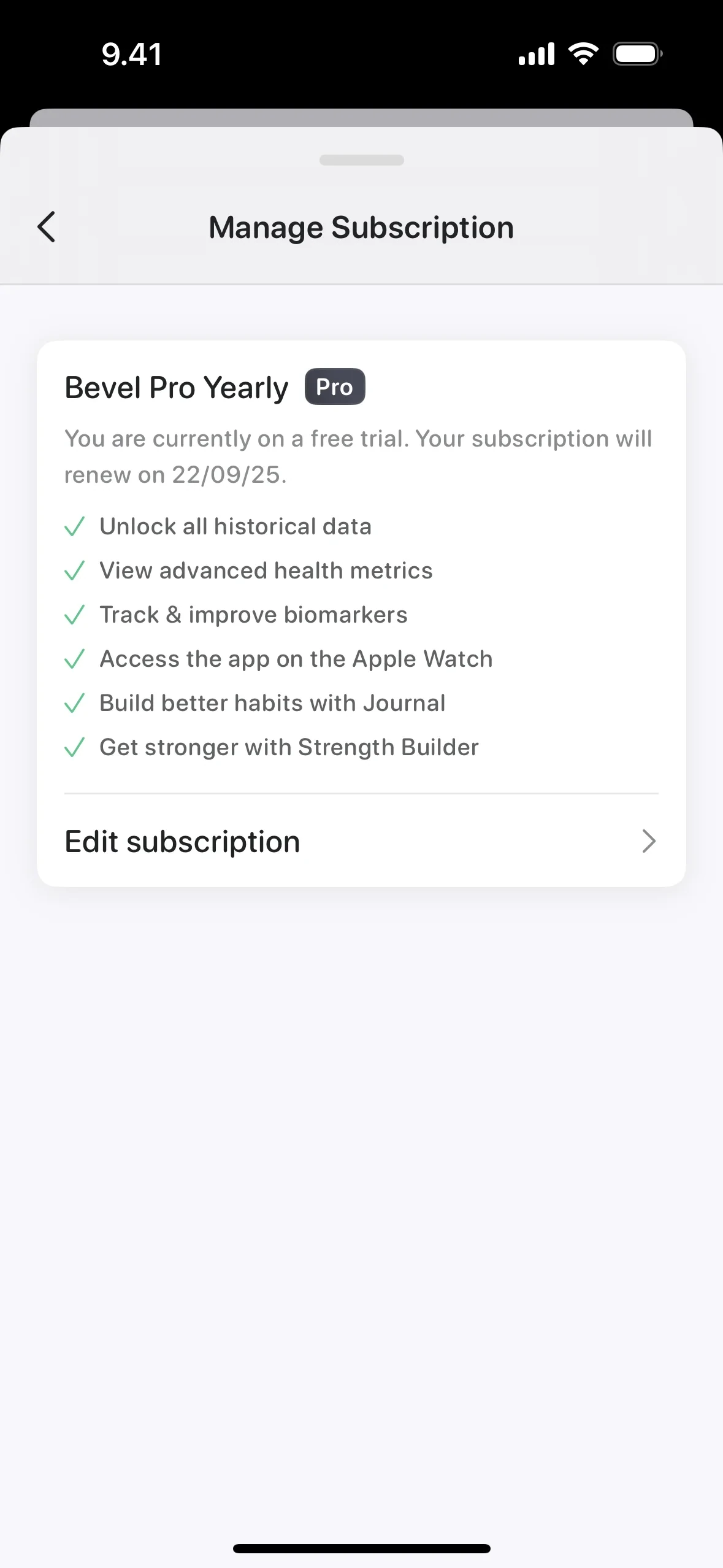 Bevel Manage Subscription screen for Bevel Pro Yearly with a Pro badge, grey trial copy stating you are currently on a free trial and the subscription will renew on a dated day, a list of included features with green checkmarks, and an Edit subscription button at the bottom of the card