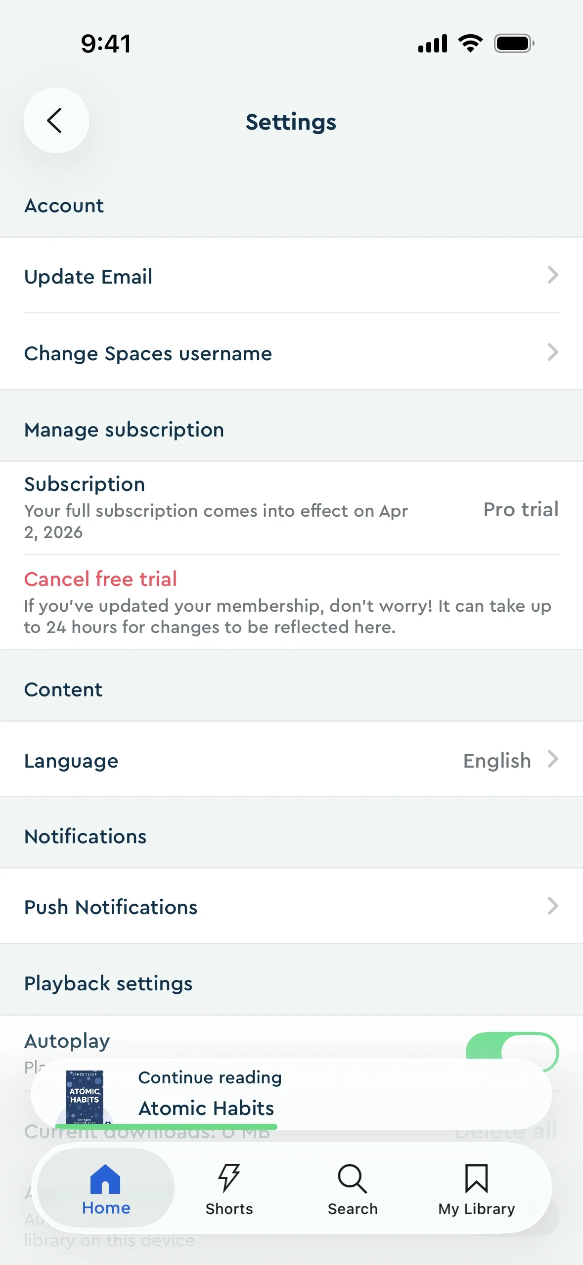 Blinkist iOS Settings screen with a Manage subscription section showing Pro trial status, a note that the full subscription comes into effect on Apr 2, 2026, and a red Cancel free trial link