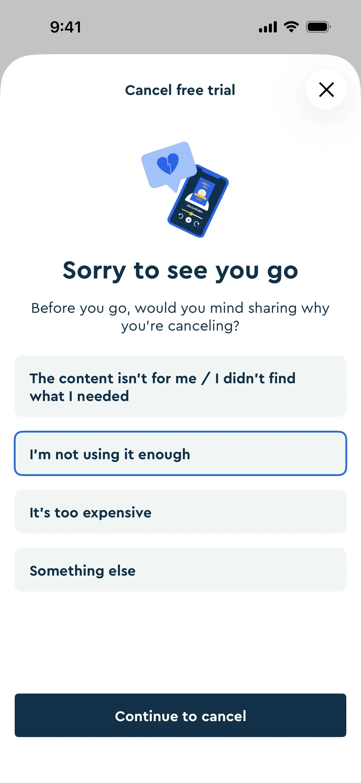 Blinkist Sorry to see you go exit survey with I'm not using it enough selected and a dark Continue to cancel button at the bottom